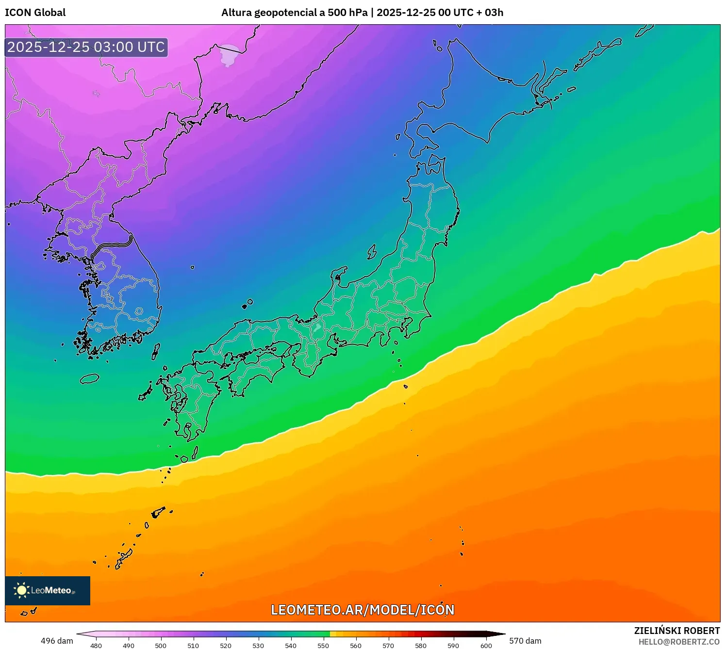 ICON model - Japonia, Wysokość geopotencjalna na poziomie 500 hPa