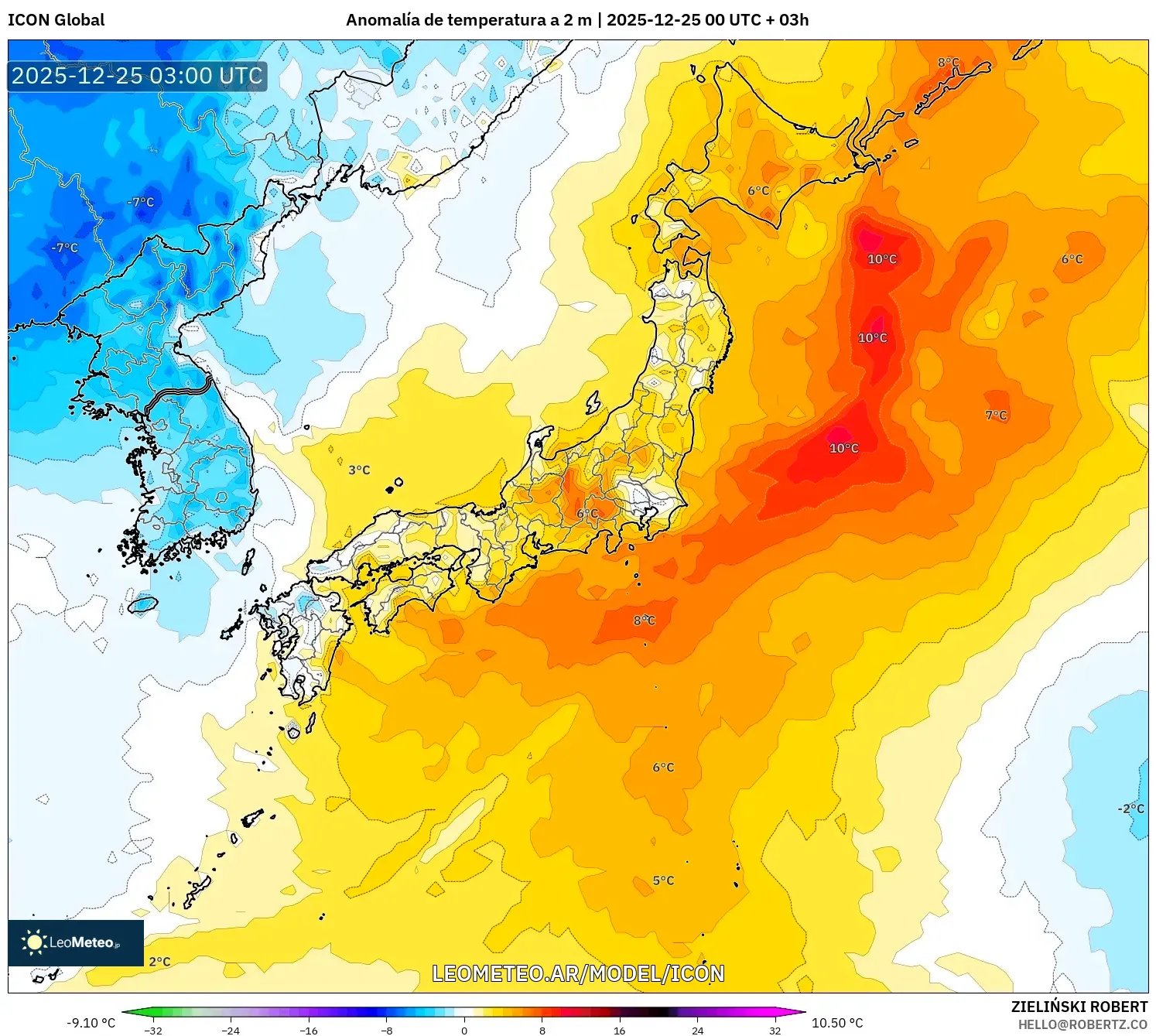 ICON model - Japonia, Anomalia temperatury na 2 m