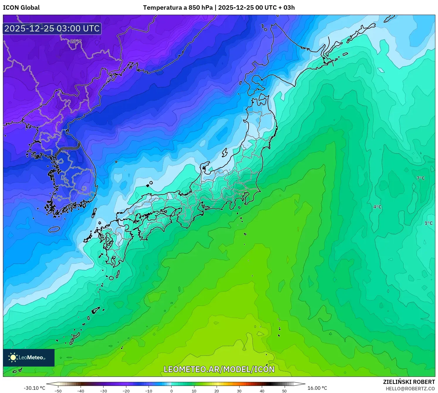 ICON model - Japonia, Temperatura na 850 hPa