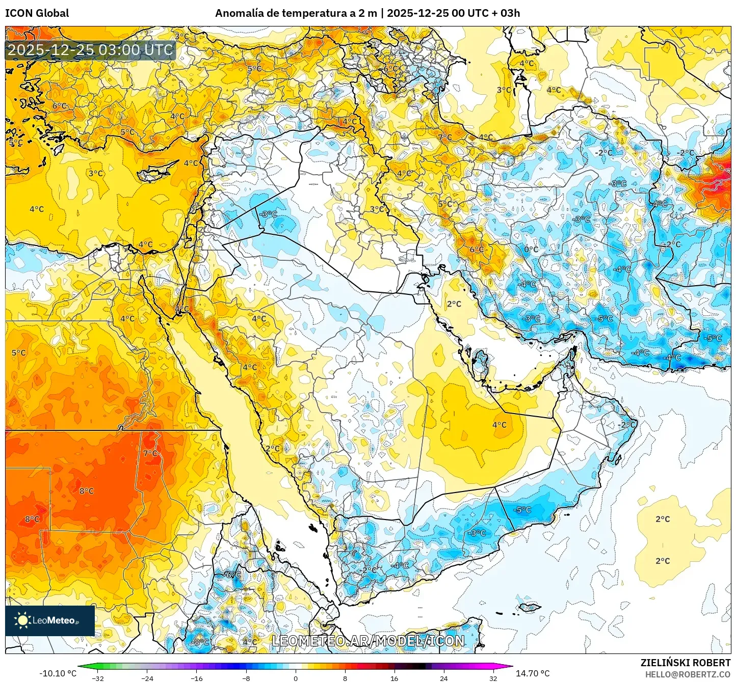 ICON model - Bliski Wschód, Anomalia temperatury na 2 m