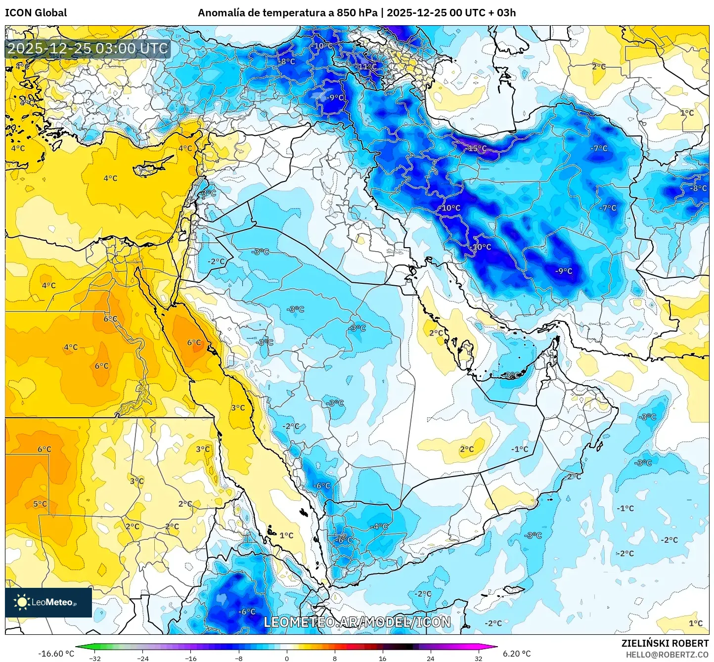 ICON model - Bliski Wschód, Anomalia temperatury na 850 hPa