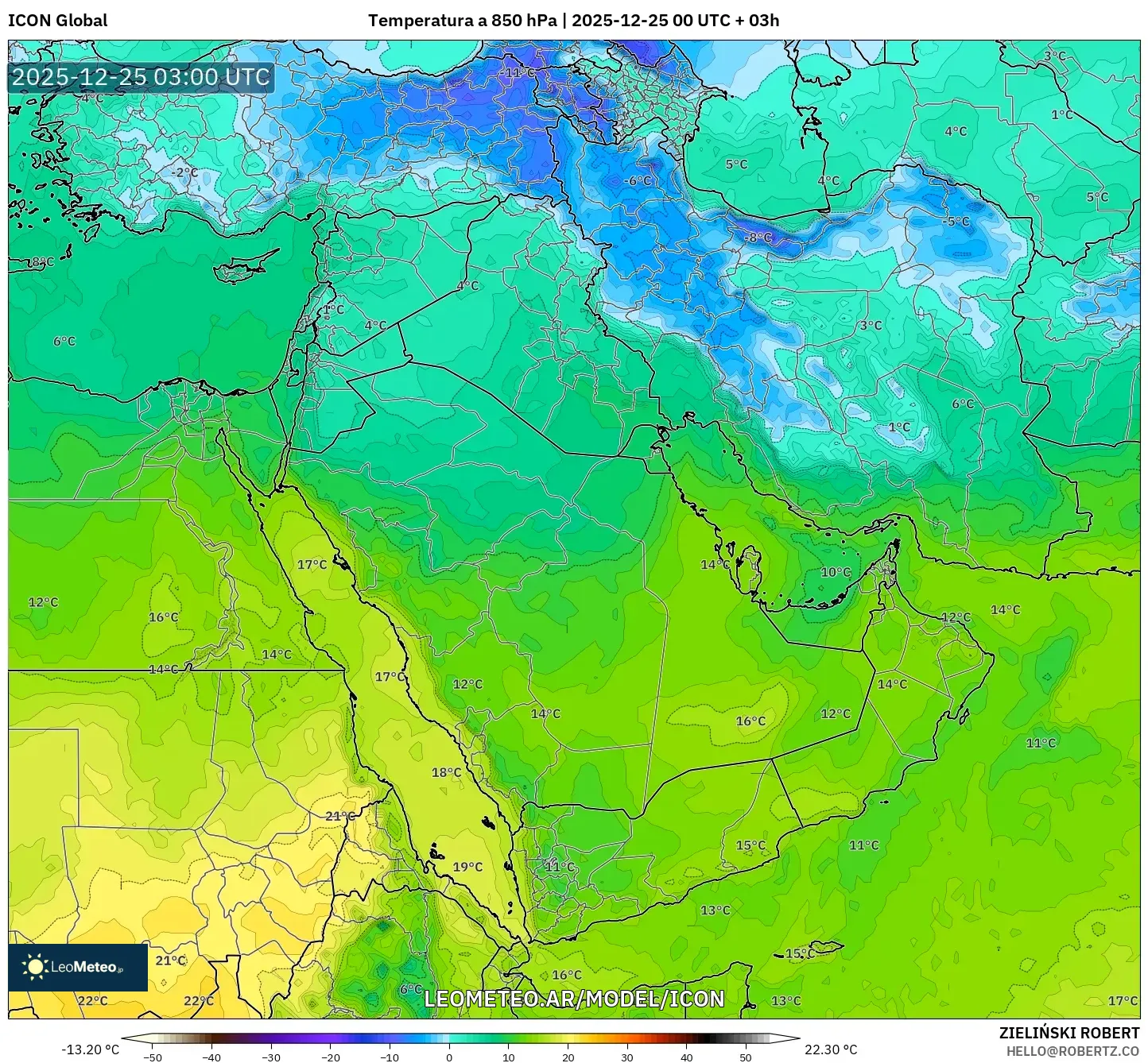 ICON model - Bliski Wschód, Temperatura na 850 hPa