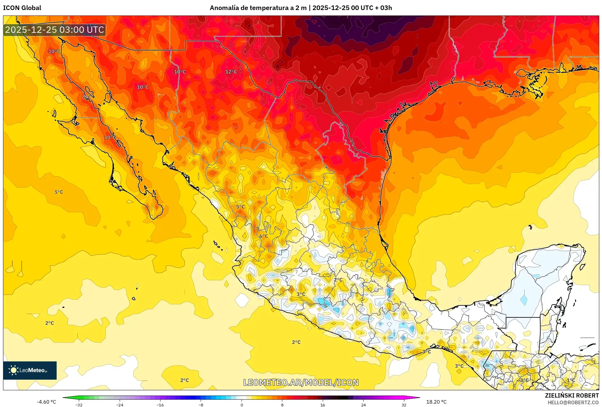 ICON model - Meksyk, Anomalia temperatury na 2 m