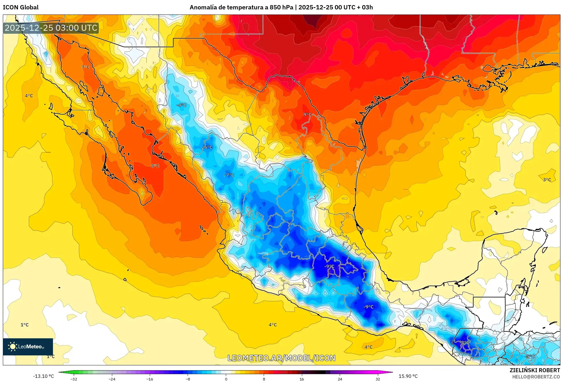 ICON model - Meksyk, Anomalia temperatury na 850 hPa