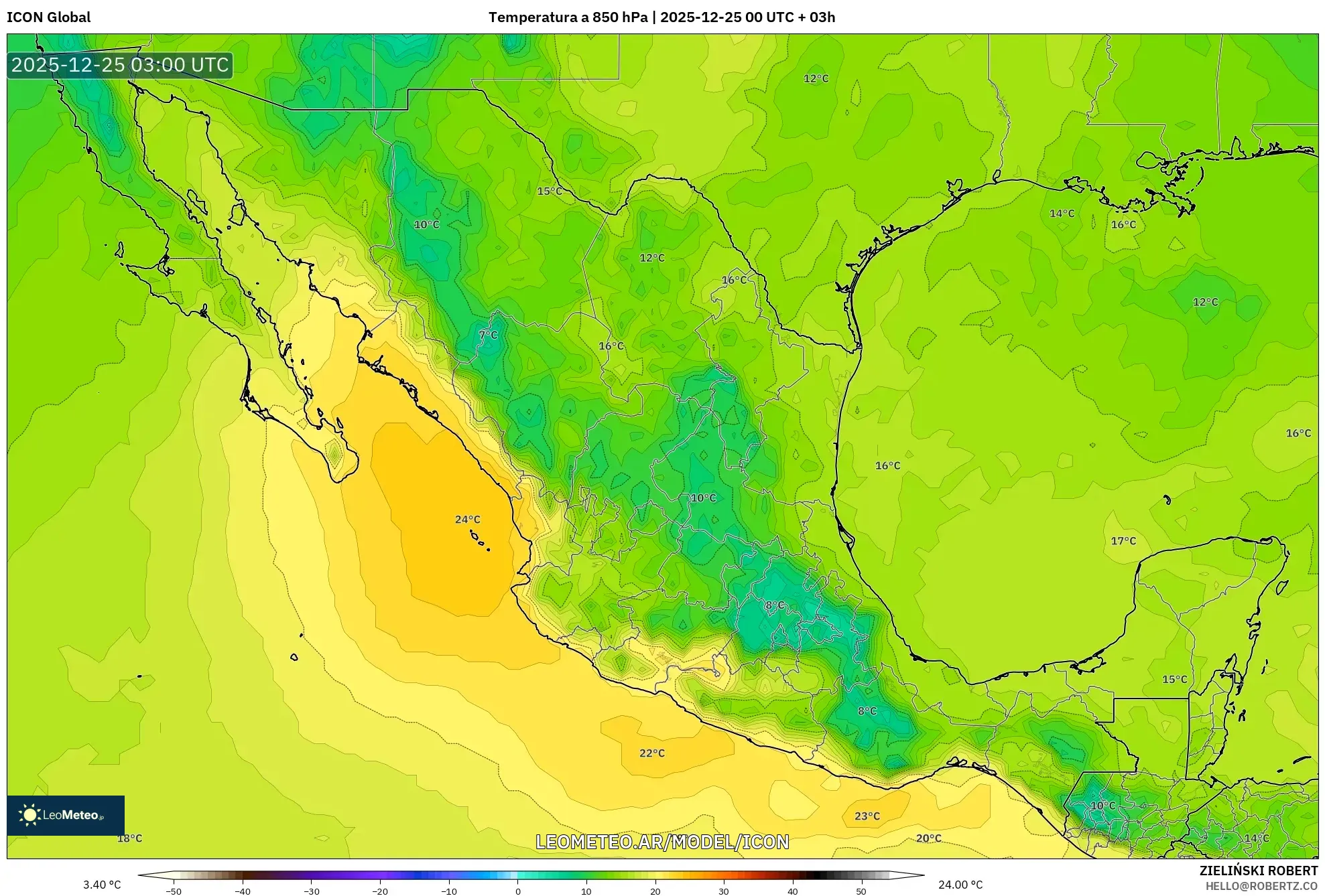 ICON model - Meksyk, Temperatura na 850 hPa