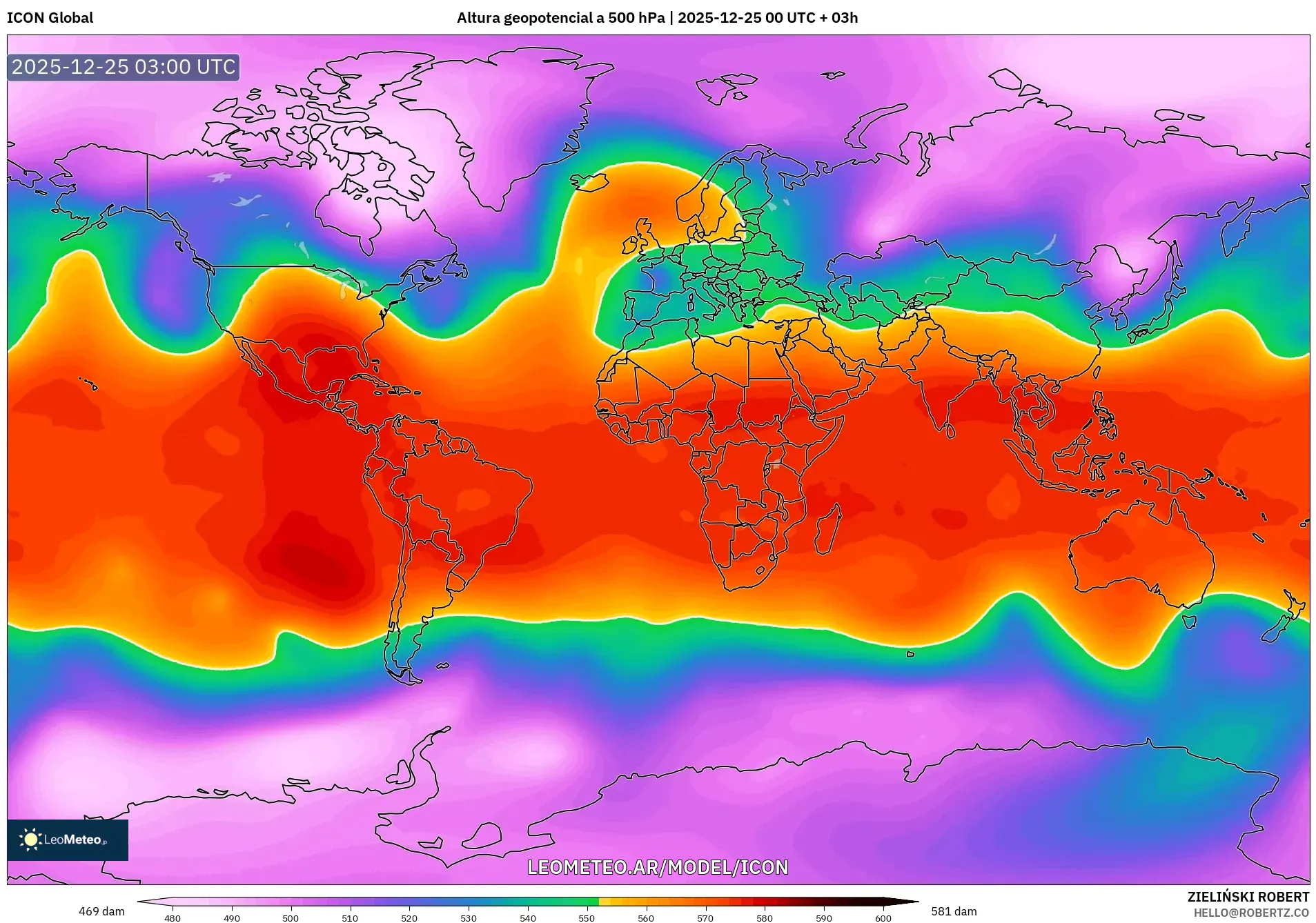 ICON model - Świat, Wysokość geopotencjalna na poziomie 500 hPa
