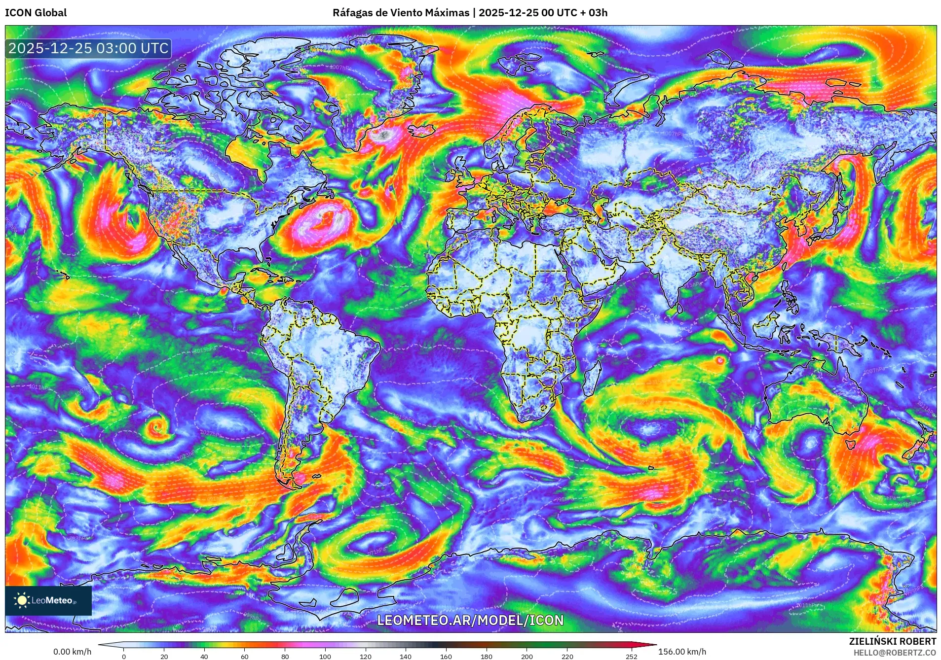ICON model - Świat, Maksymalne Porywy Wiatru
