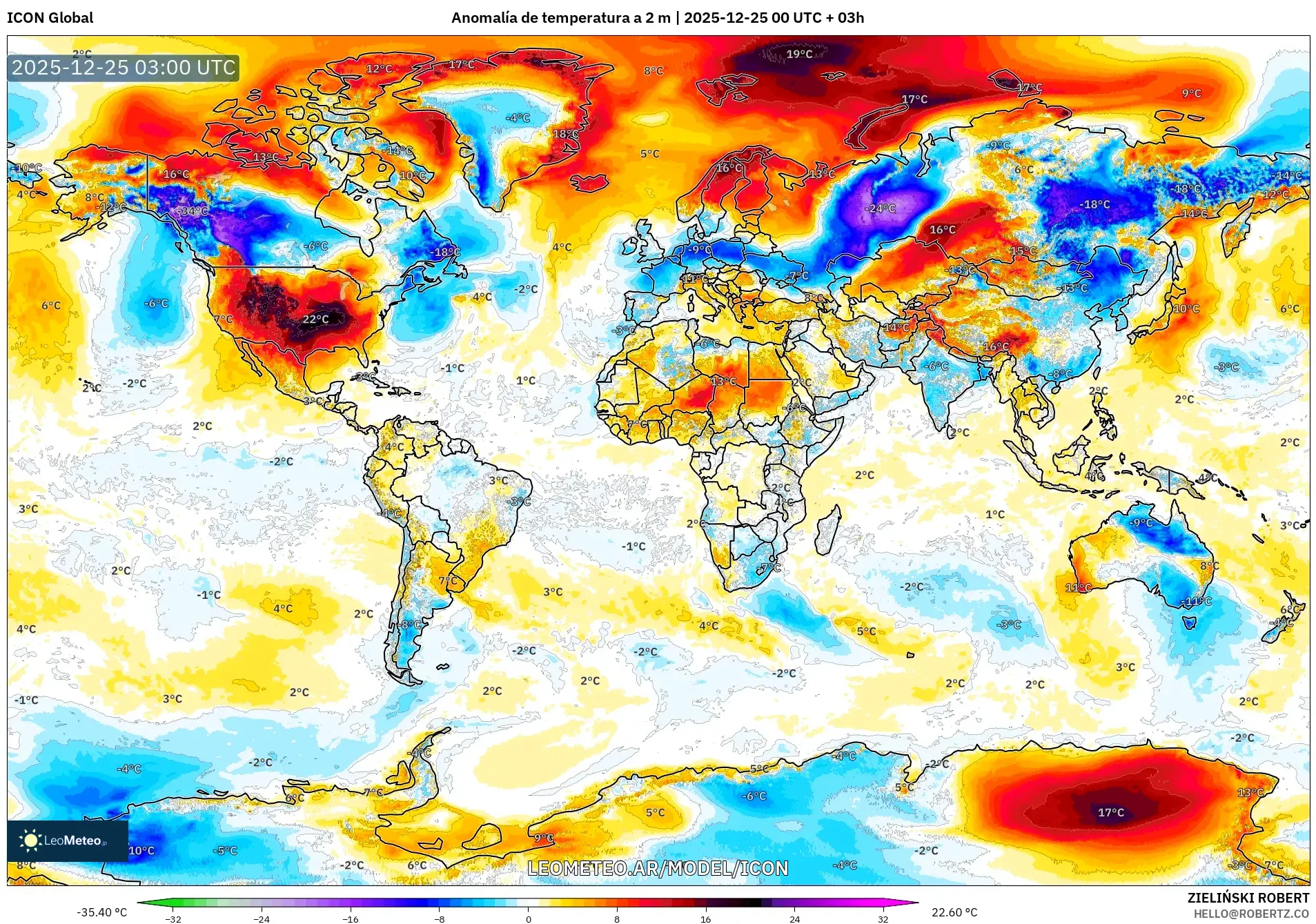 ICON model - Świat, Anomalia temperatury na 2 m