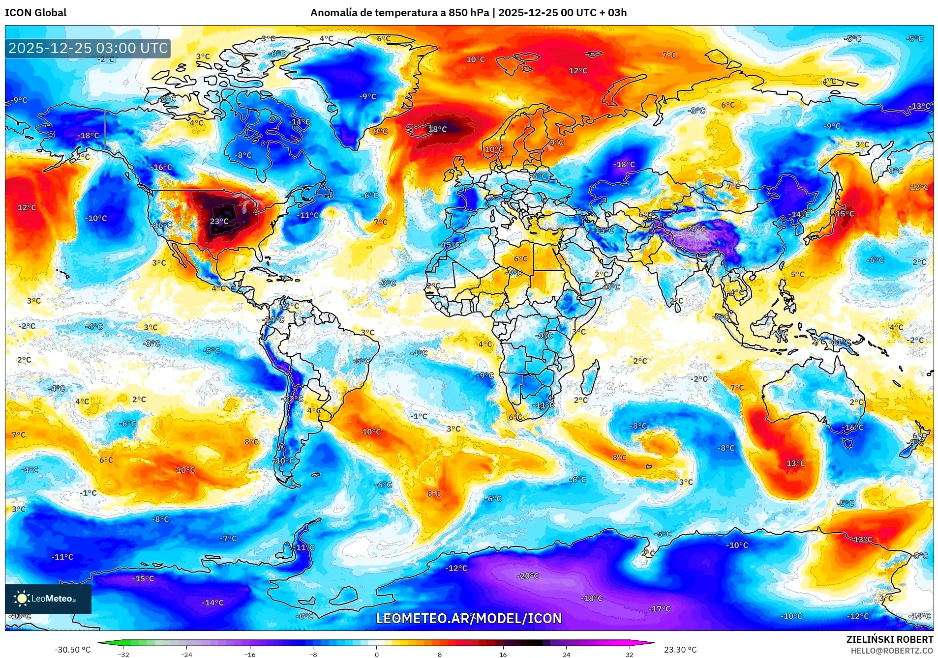 ICON model - Świat, Anomalia temperatury na 850 hPa