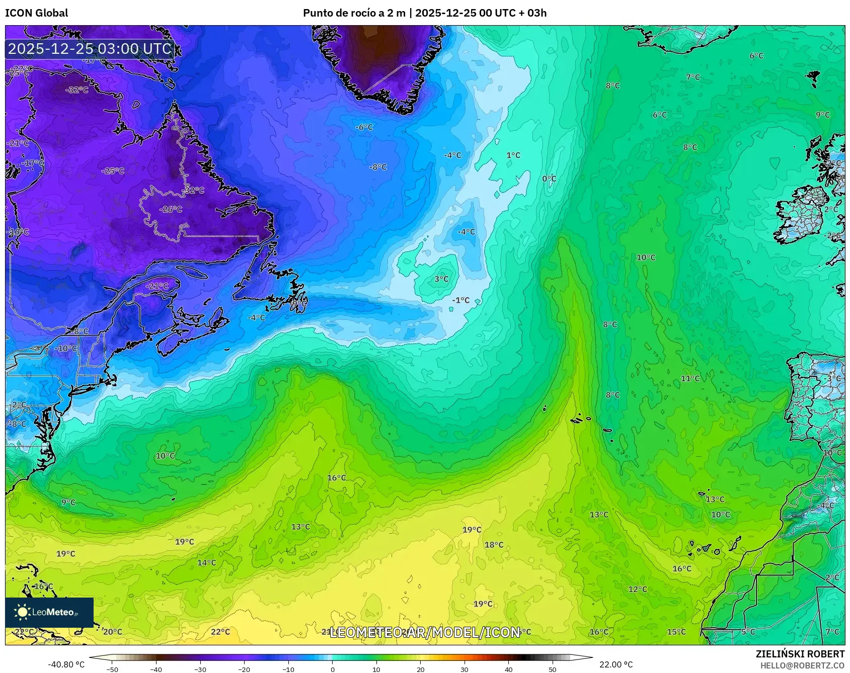 ICON model - Atlantyk Północny, Punkt rosy na 2 m