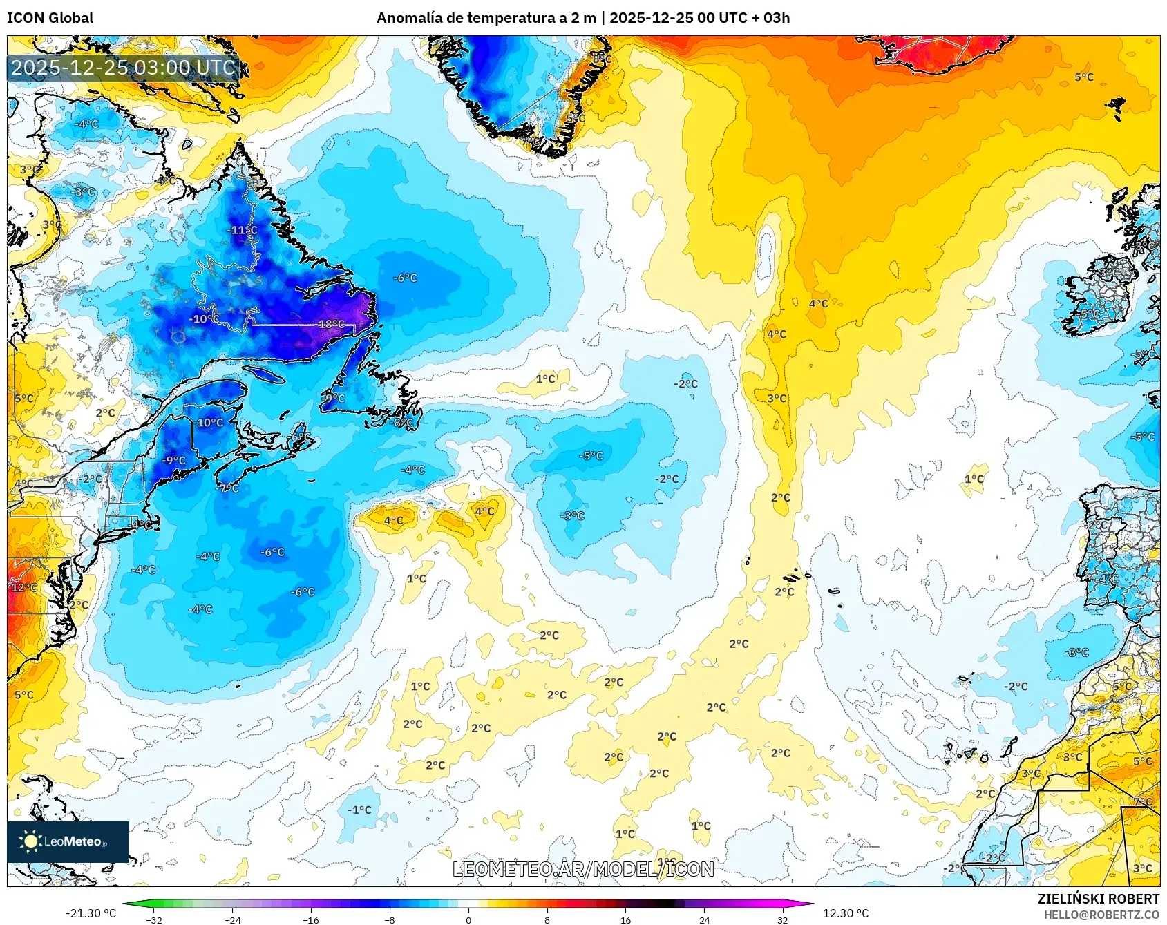 ICON model - Atlantyk Północny, Anomalia temperatury na 2 m