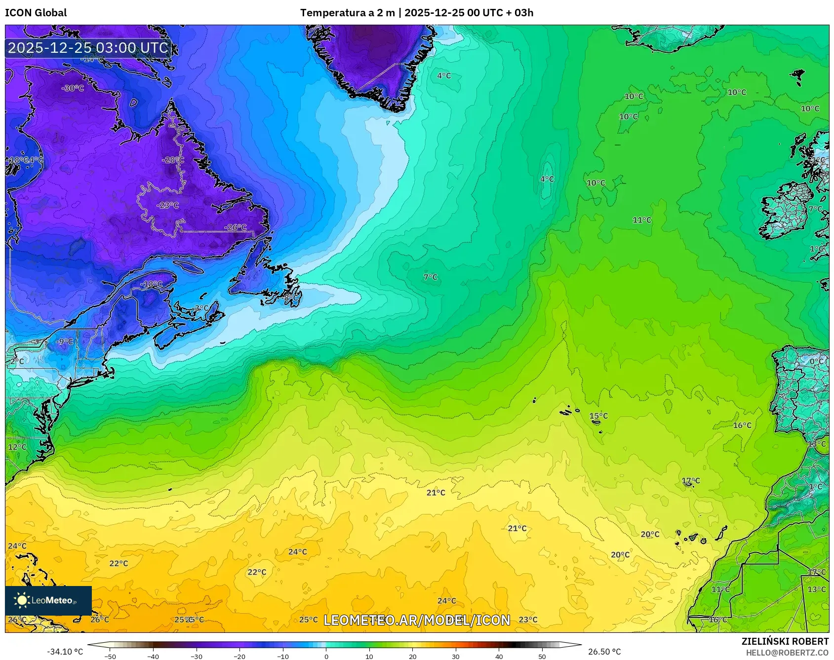 ICON model - Atlantyk Północny, Temperatura na 2 m