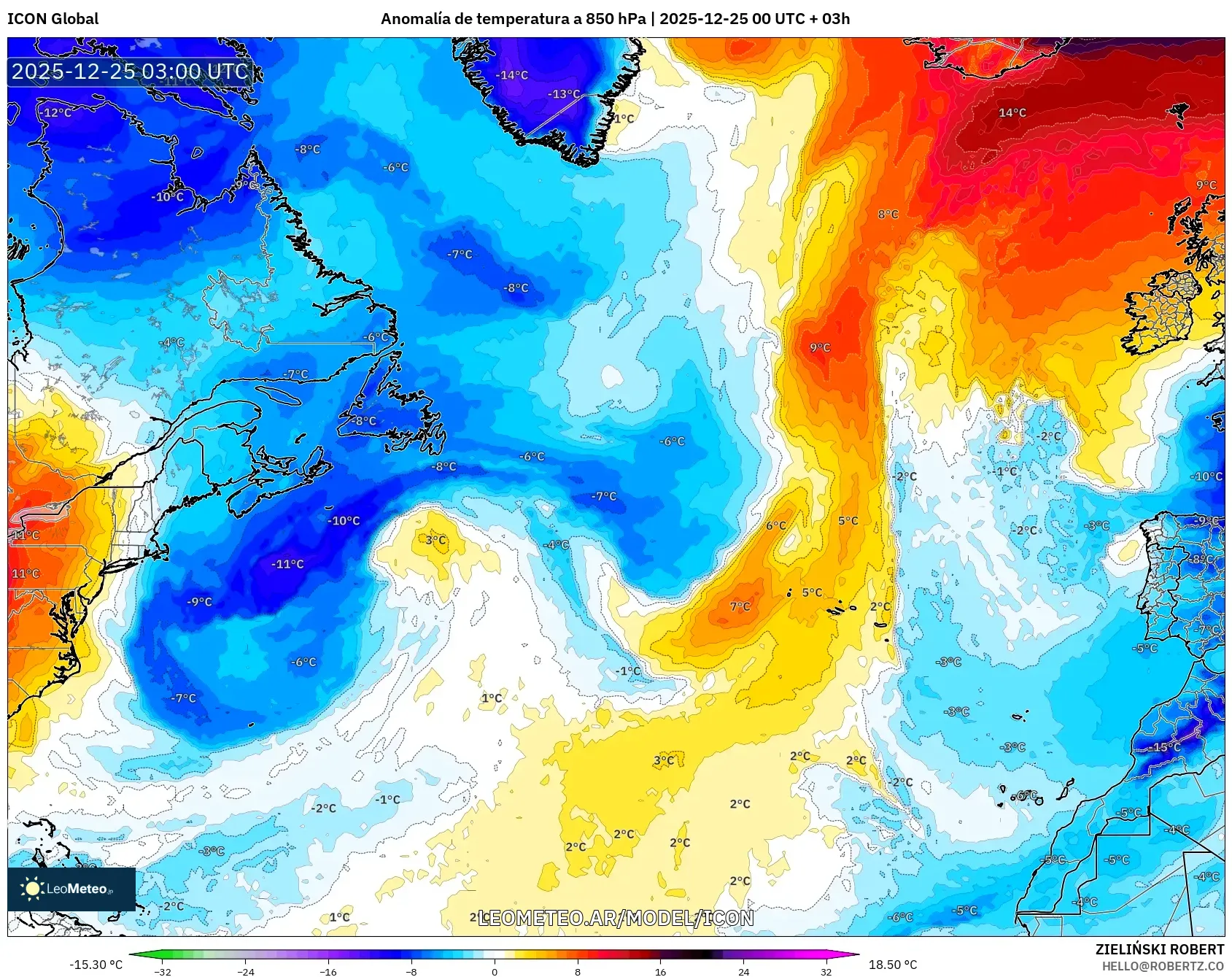 ICON model - Atlantyk Północny, Anomalia temperatury na 850 hPa
