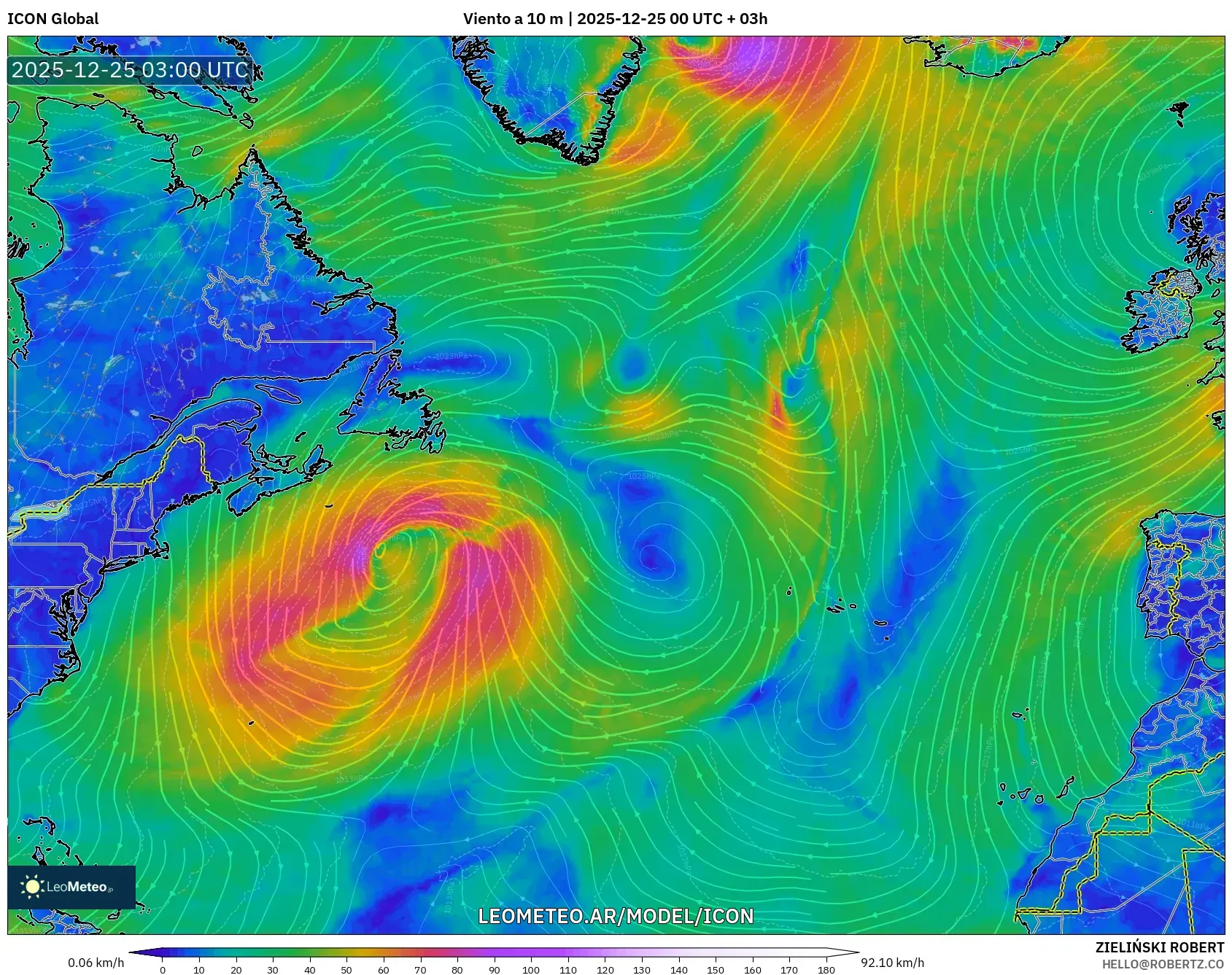 ICON model - Atlantyk Północny, Wiatr na 10 m
