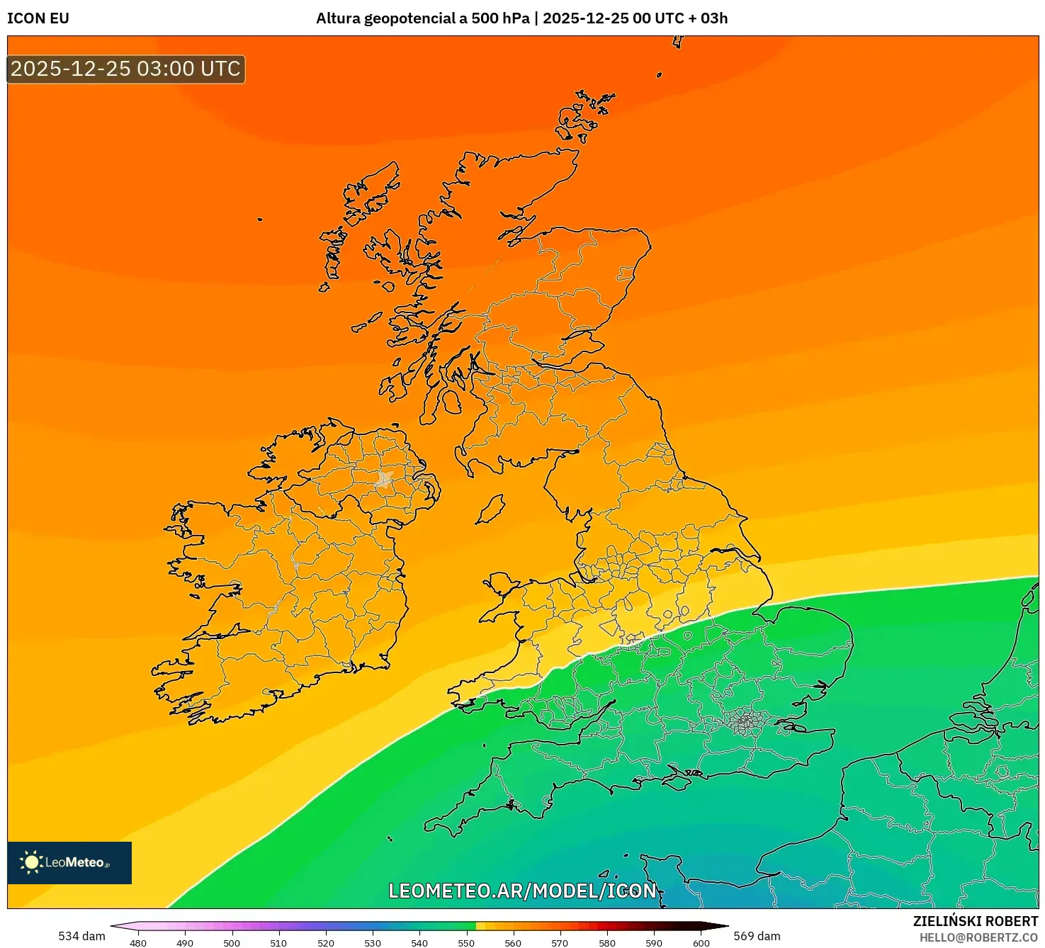 ICON model - Wielka Brytania, Wysokość geopotencjalna na poziomie 500 hPa