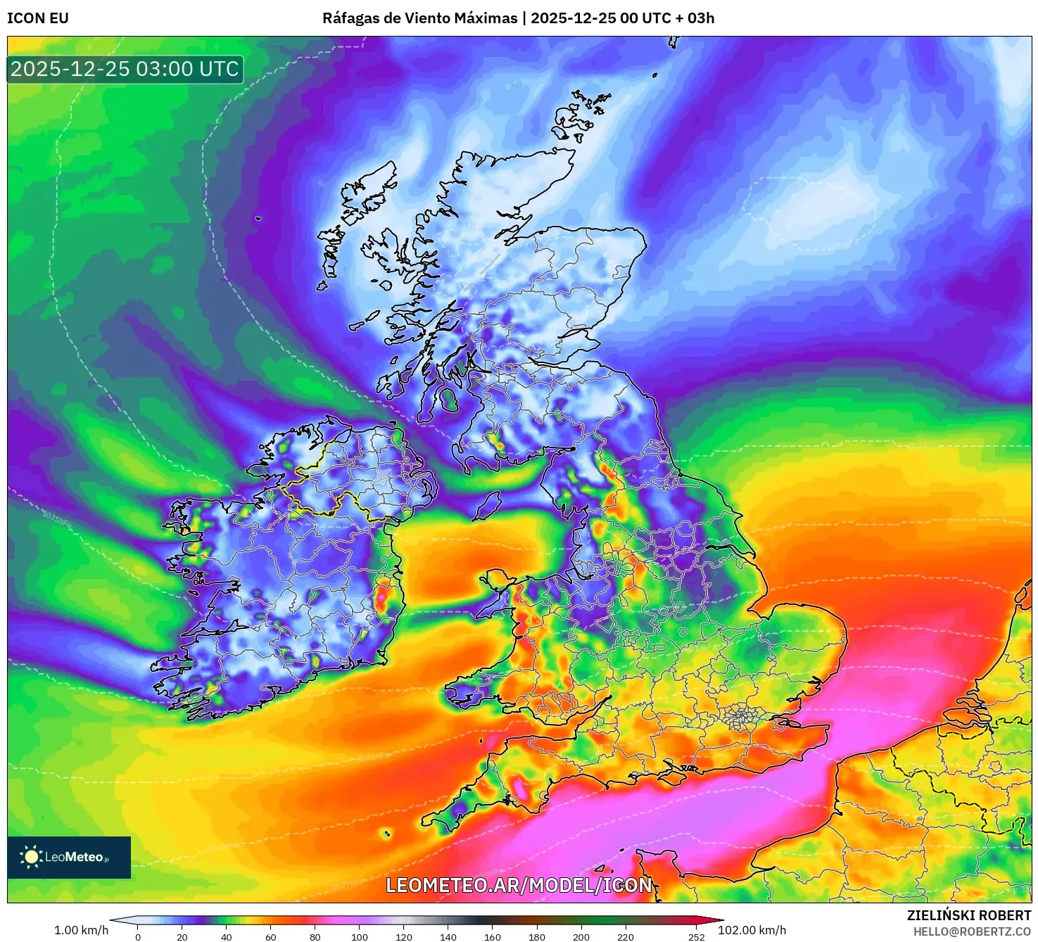 ICON model - Wielka Brytania, Maksymalne Porywy Wiatru