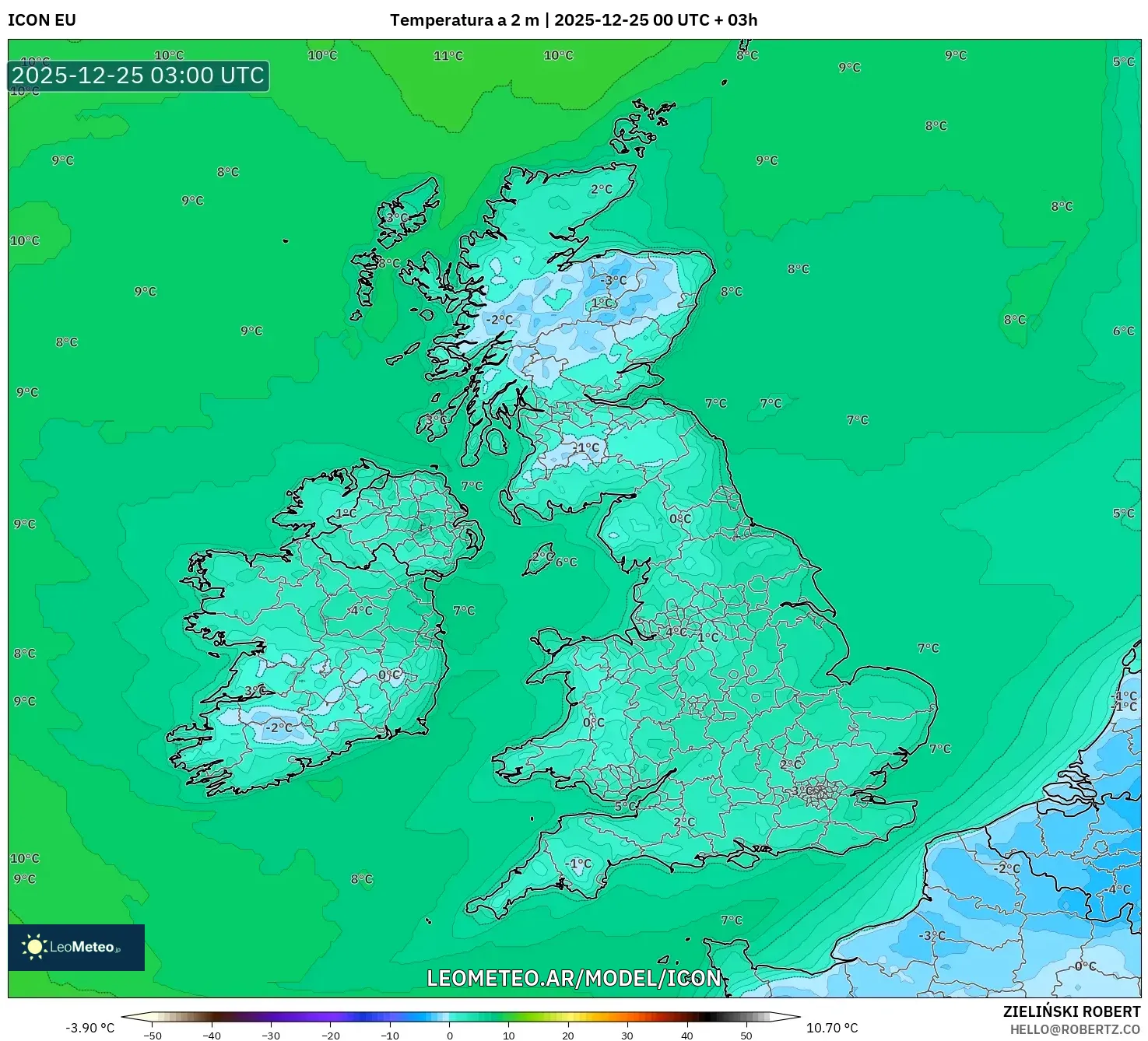 ICON model - Wielka Brytania, Temperatura na 2 m