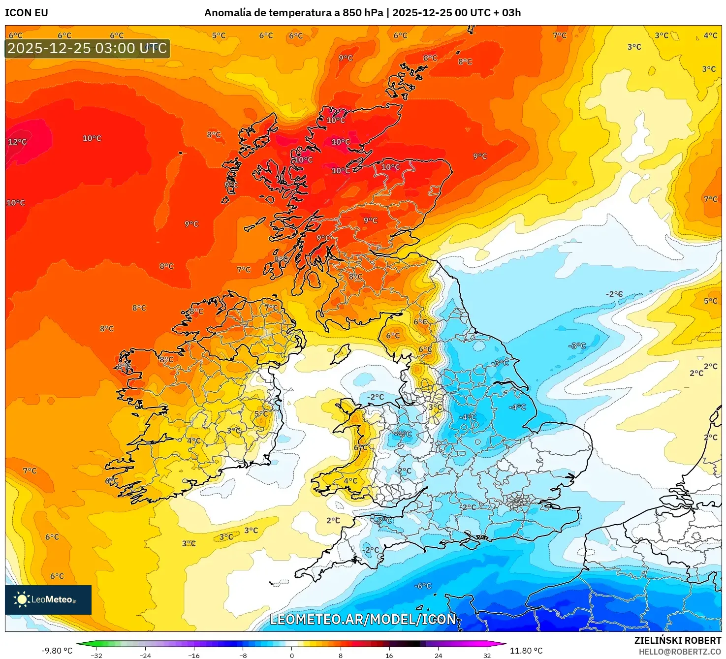 ICON model - Wielka Brytania, Anomalia temperatury na 850 hPa