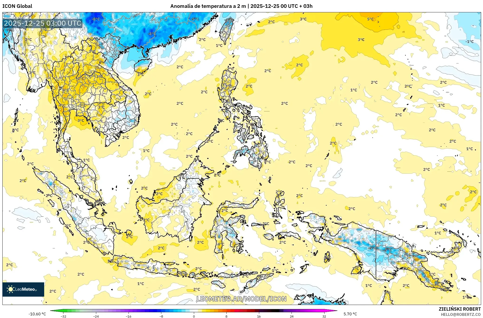 ICON model - Azja Południowo-Wschodnia, Anomalia temperatury na 2 m