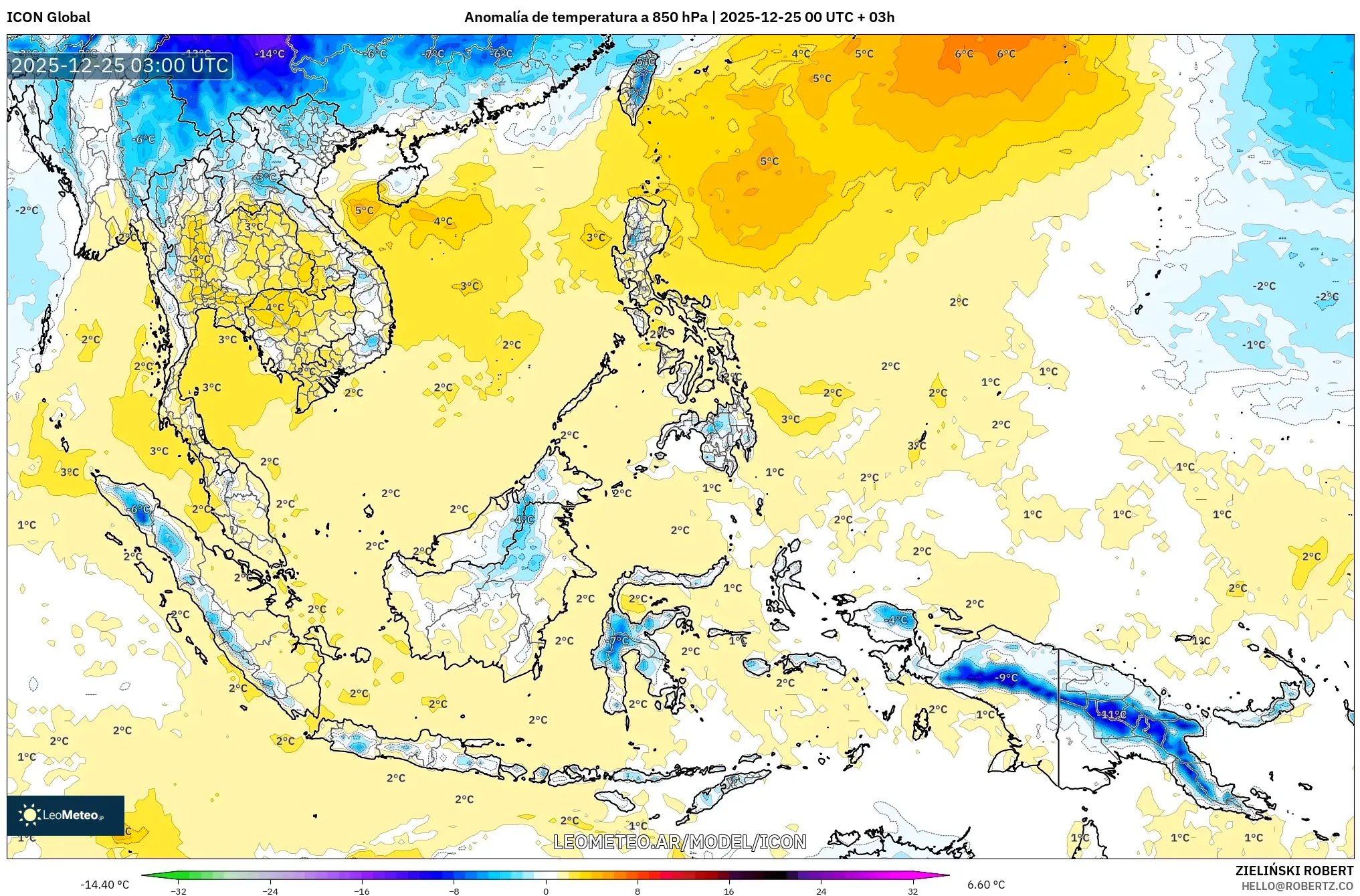 ICON model - Azja Południowo-Wschodnia, Anomalia temperatury na 850 hPa
