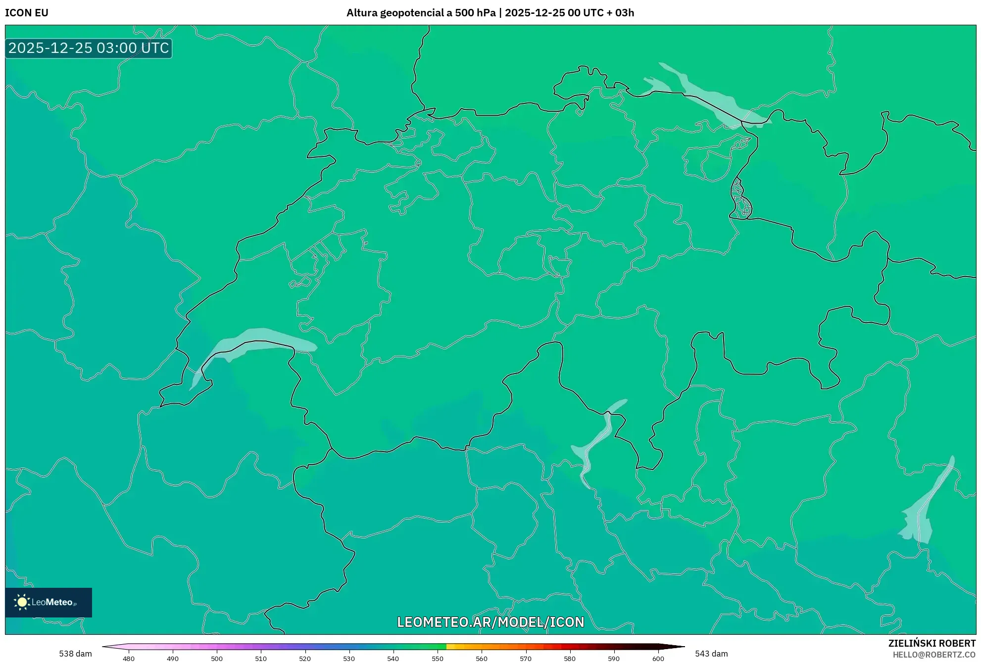 ICON model - Szwajcaria, Wysokość geopotencjalna na poziomie 500 hPa