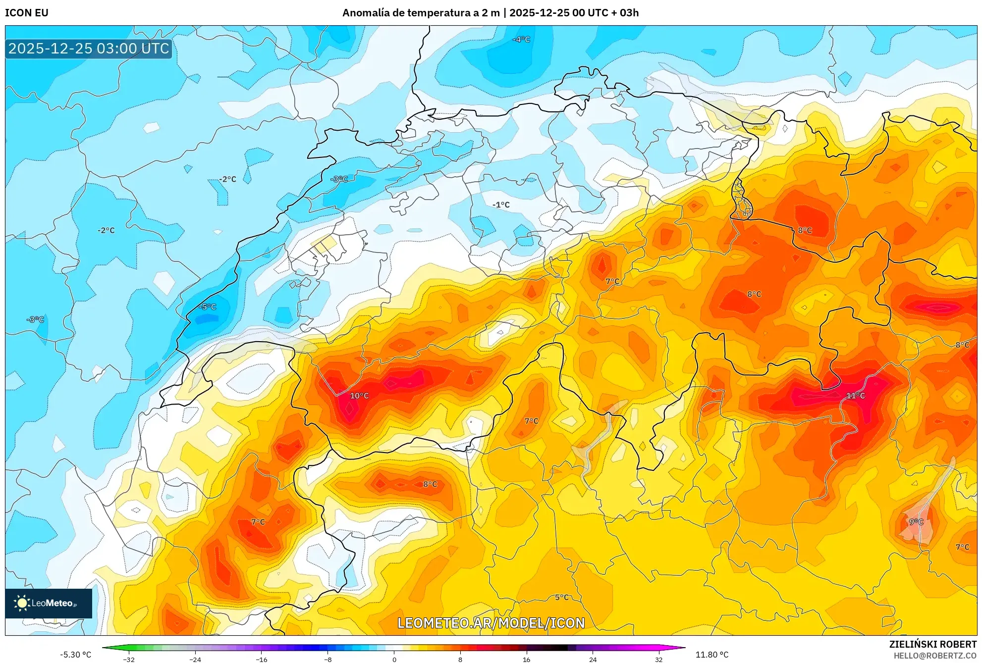 ICON model - Szwajcaria, Anomalia temperatury na 2 m