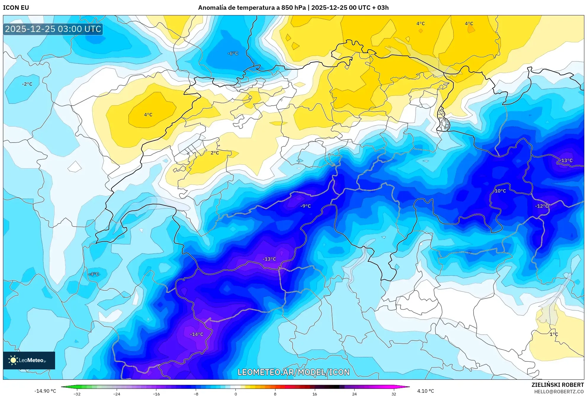 ICON model - Szwajcaria, Anomalia temperatury na 850 hPa