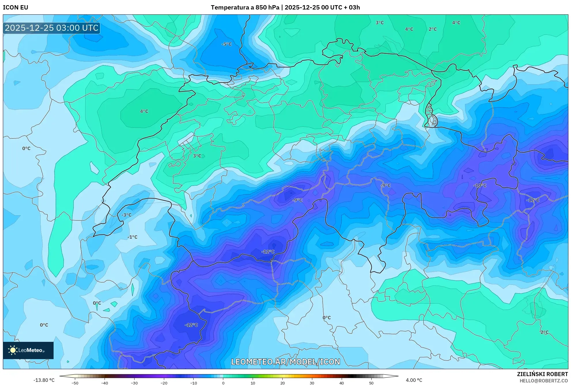 ICON model - Szwajcaria, Temperatura na 850 hPa