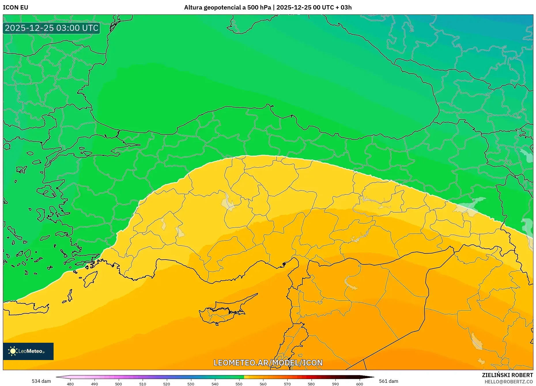 ICON model - Turcja, Wysokość geopotencjalna na poziomie 500 hPa