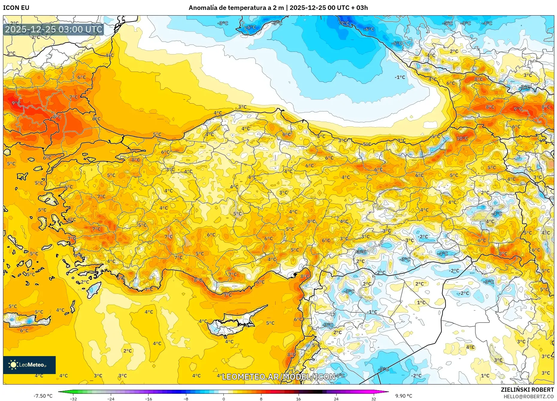 ICON model - Turcja, Anomalia temperatury na 2 m