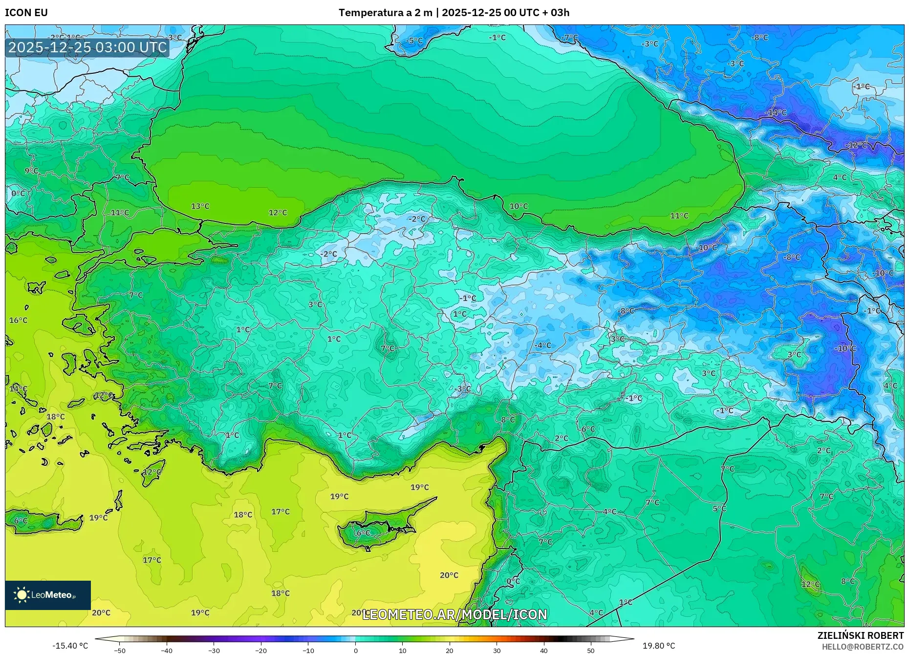 ICON model - Turcja, Temperatura na 2 m