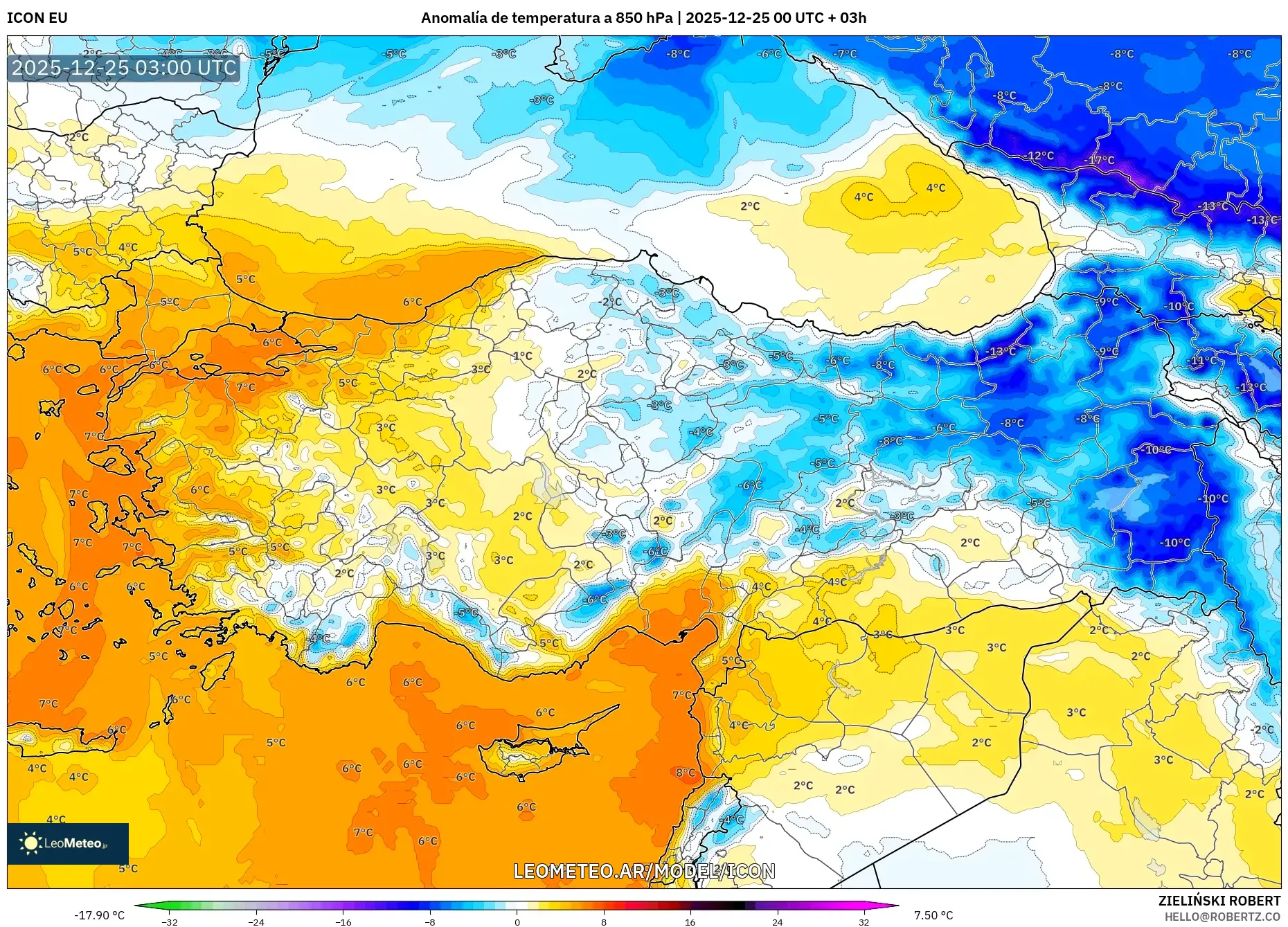 ICON model - Turcja, Anomalia temperatury na 850 hPa