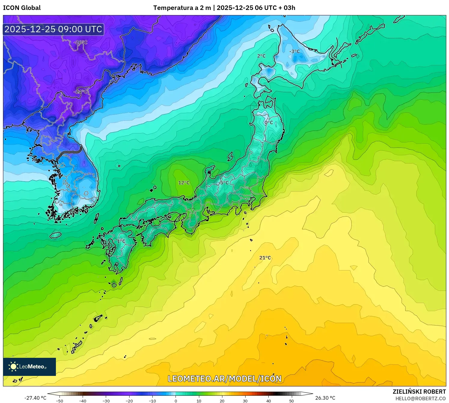 ICON model - Japón, Temperatura a 2 m