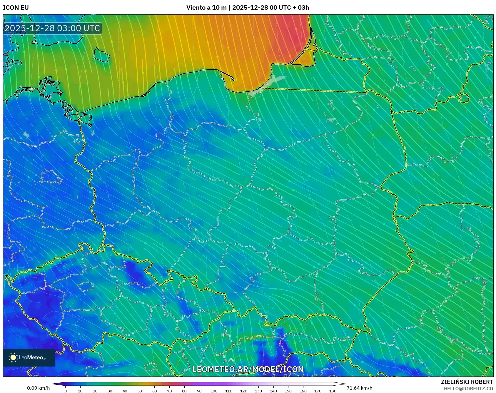 ICON model - Polonia, Viento a 10 m