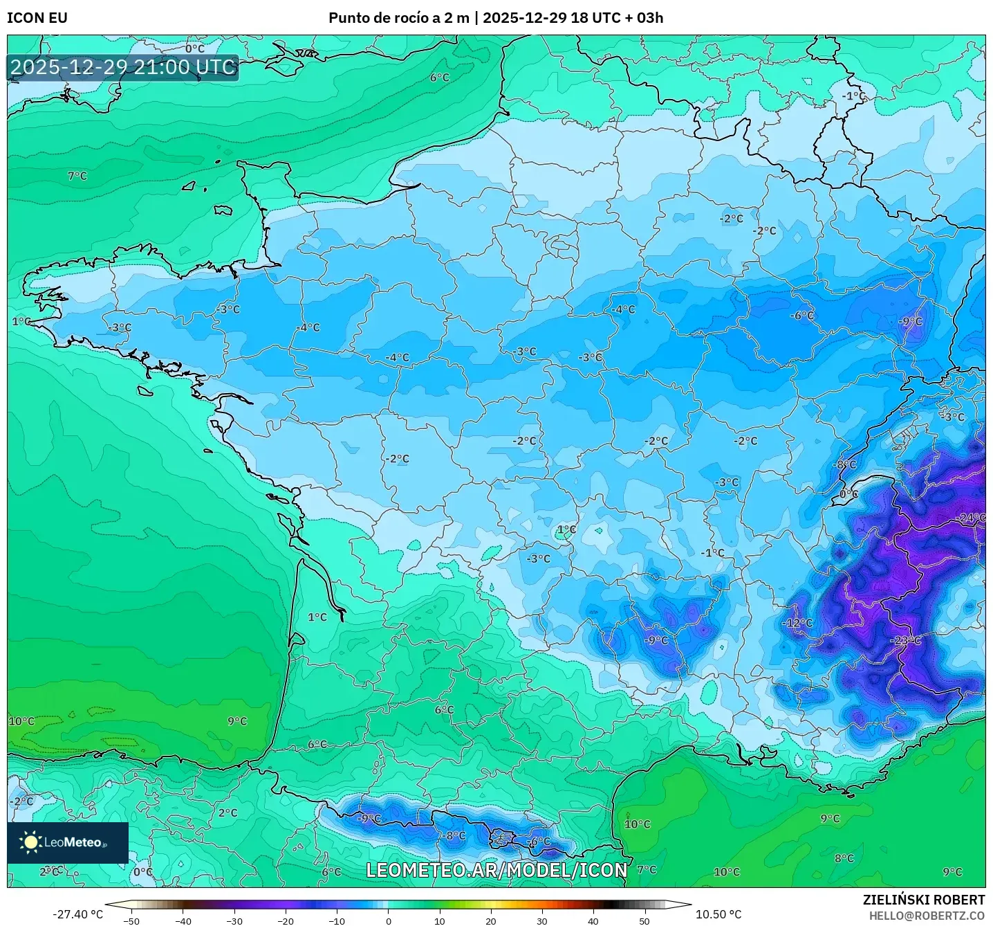 ICON model - Francia, Punto de rocío a 2 m