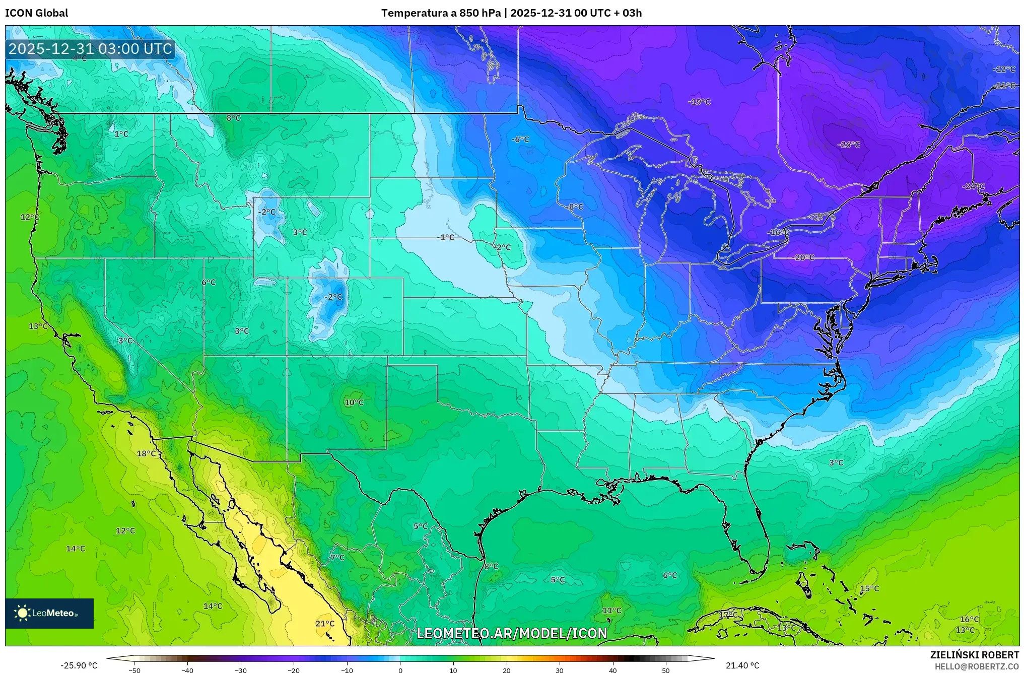 ICON model - Estados Unidos, Temperatura a 850 hPa