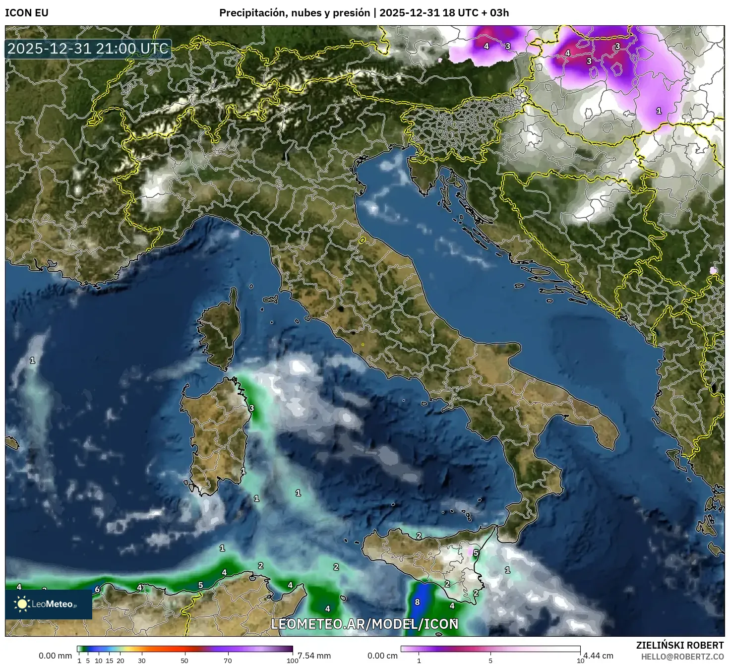 ICON model - Italia, Precipitación, nubes y presión