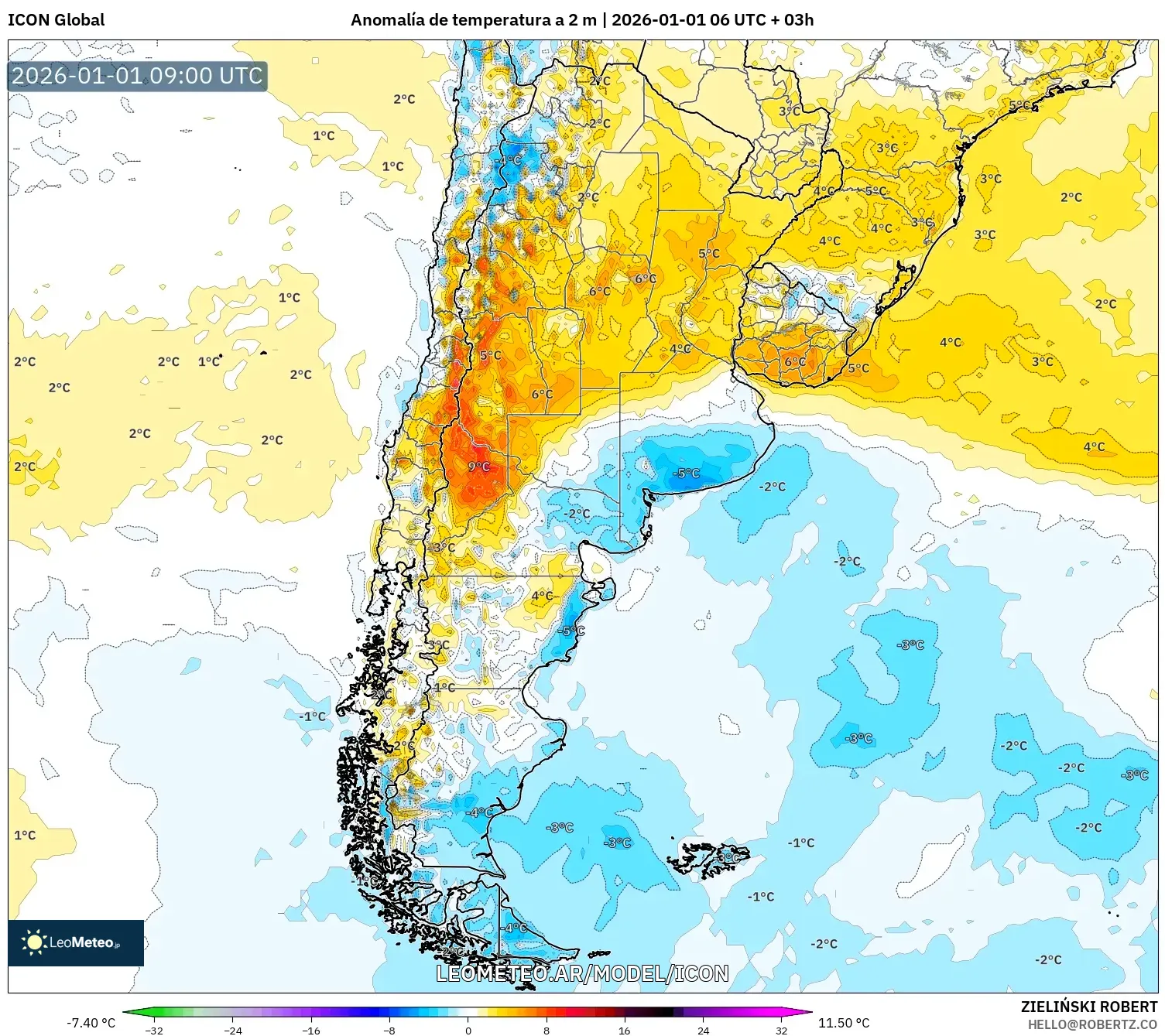 ICON model - Argentina, Anomalía de temperatura a 2 m