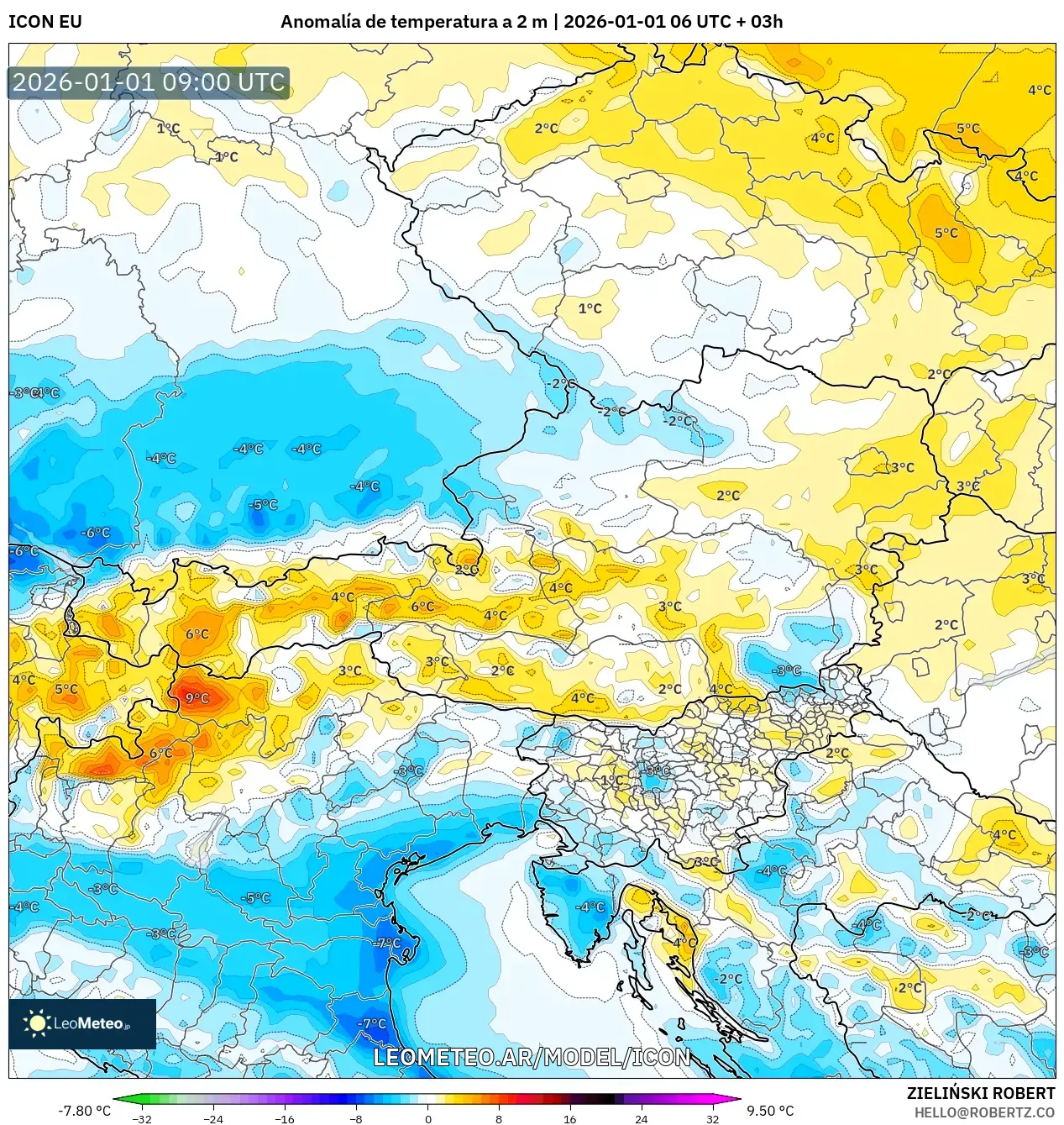 ICON model - Austria, Anomalía de temperatura a 2 m