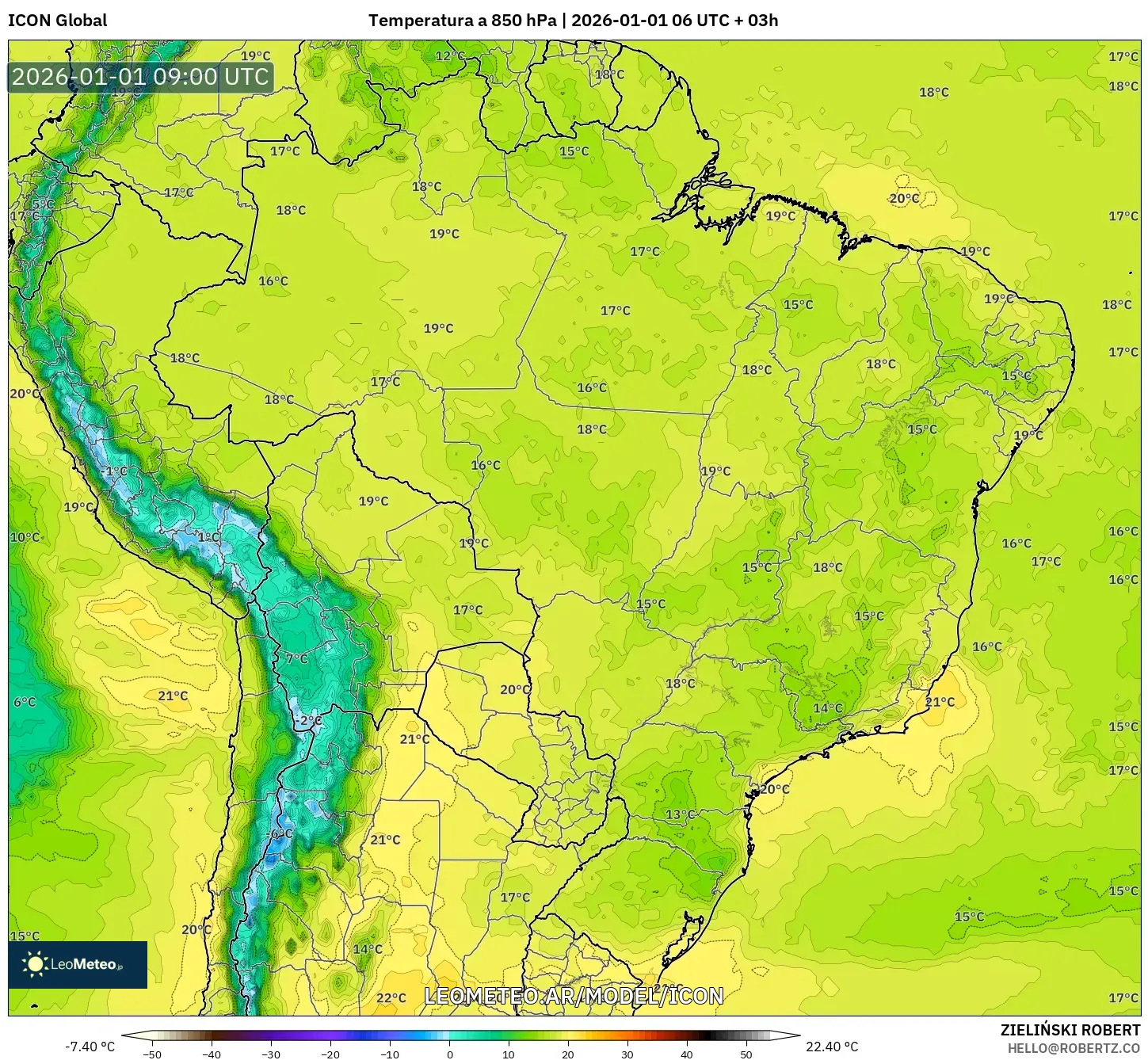ICON model - Brasil, Temperatura a 850 hPa