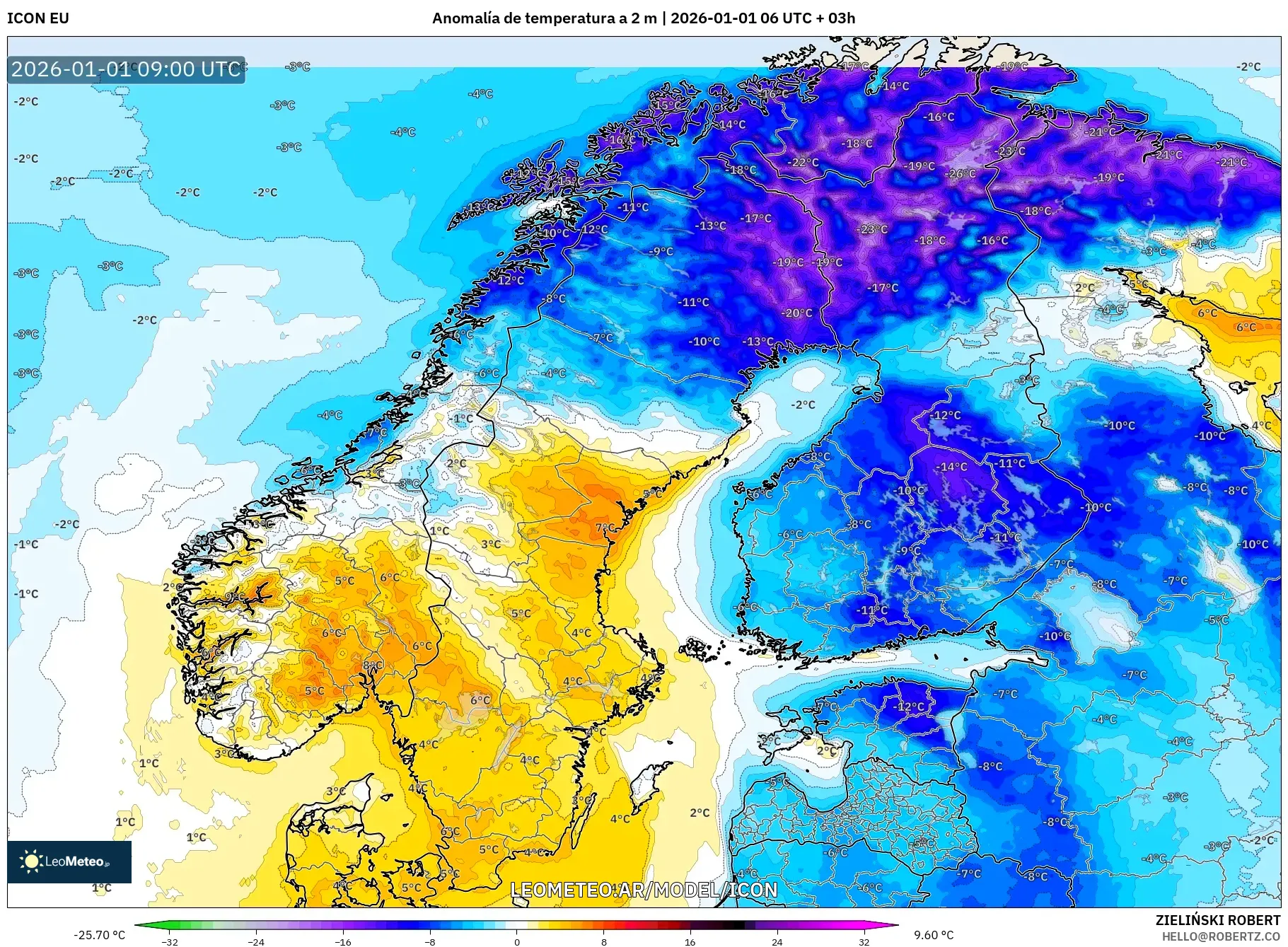 ICON model - Escandinavia, Anomalía de temperatura a 2 m