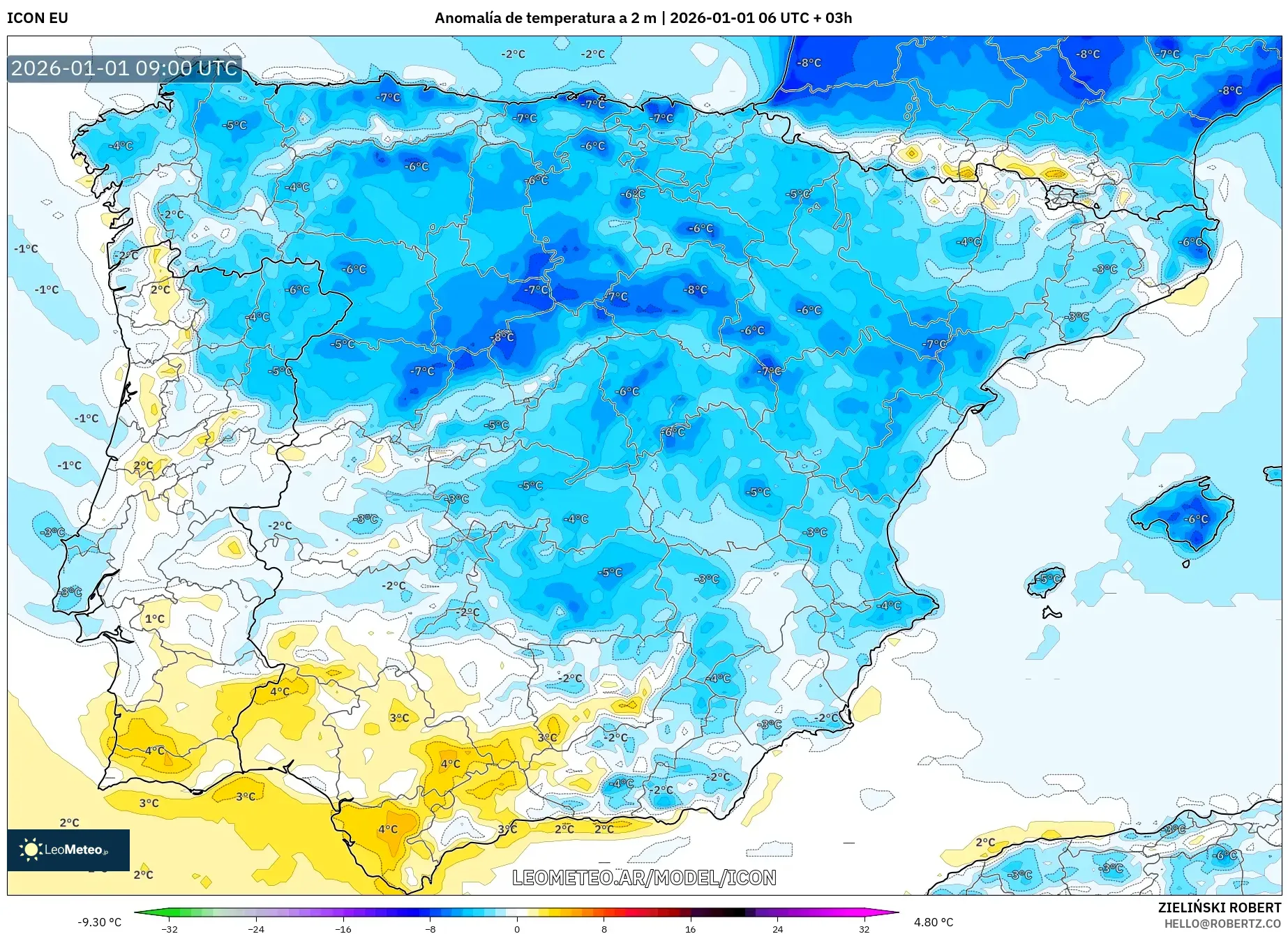 ICON model - España, Anomalía de temperatura a 2 m