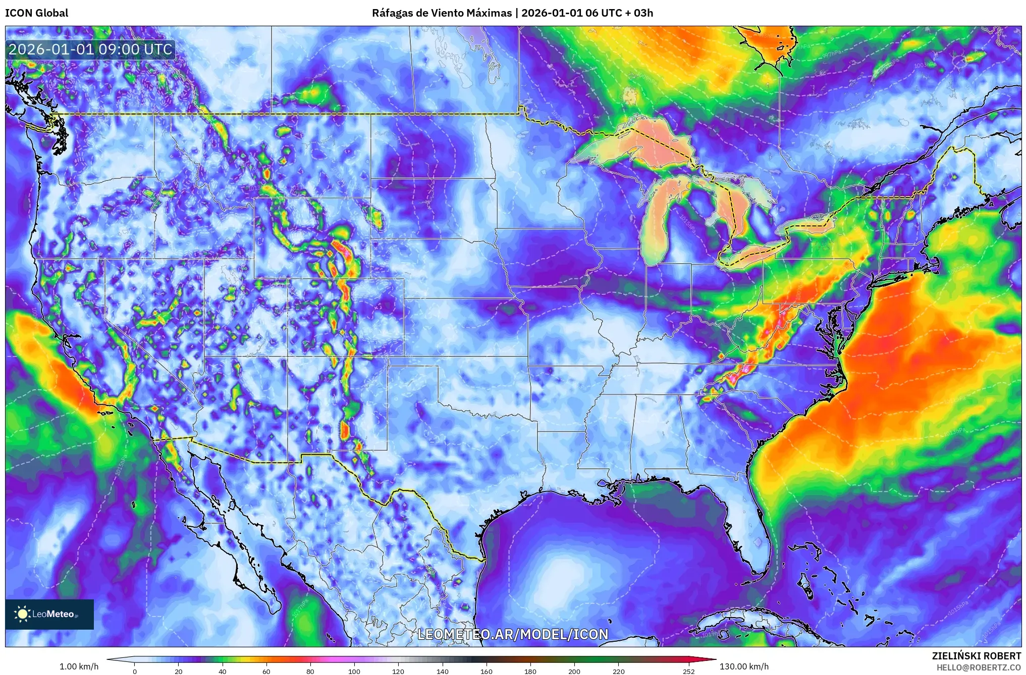 ICON model - Estados Unidos, Ráfagas de Viento Máximas