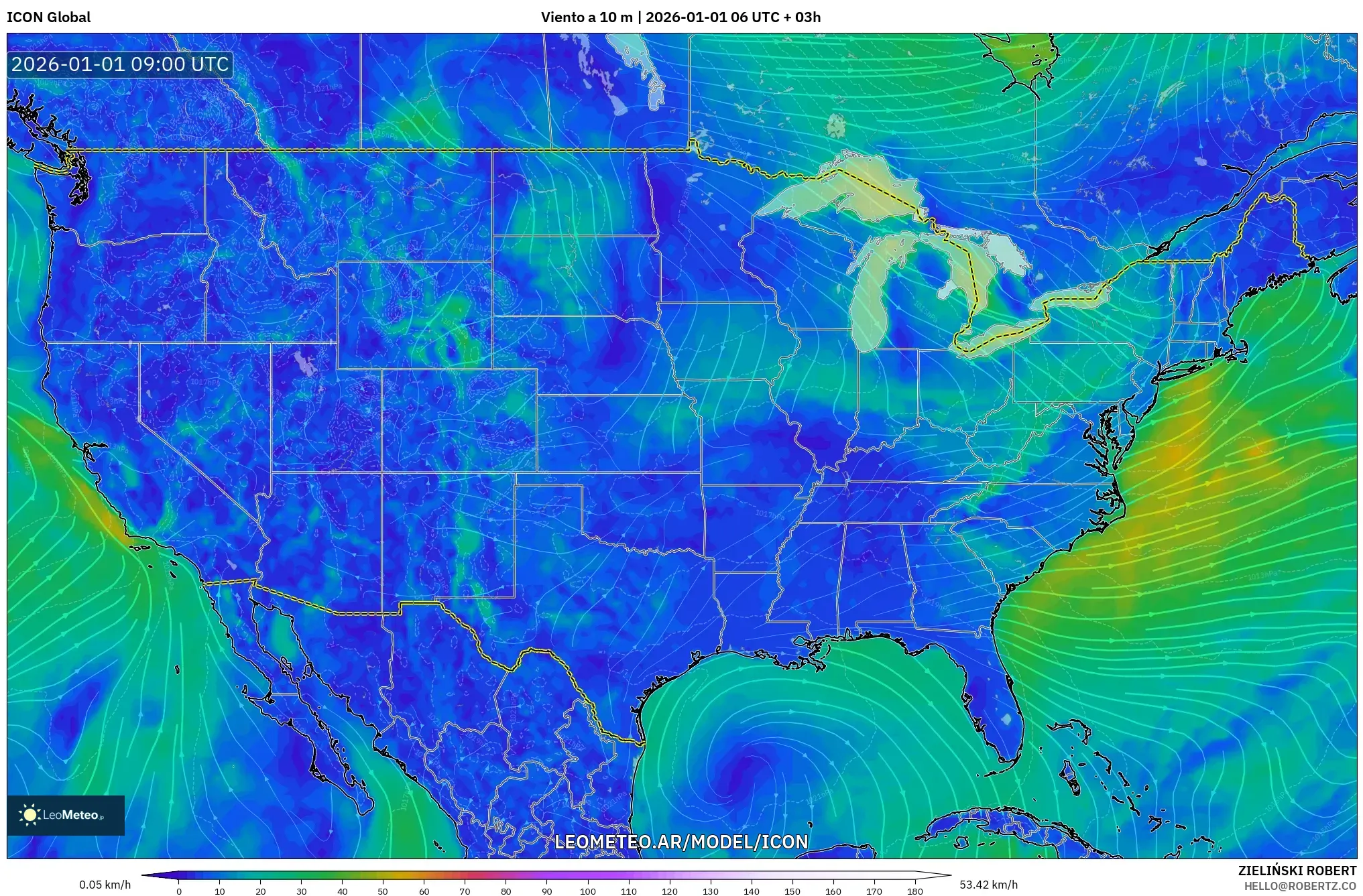 ICON model - Estados Unidos, Viento a 10 m