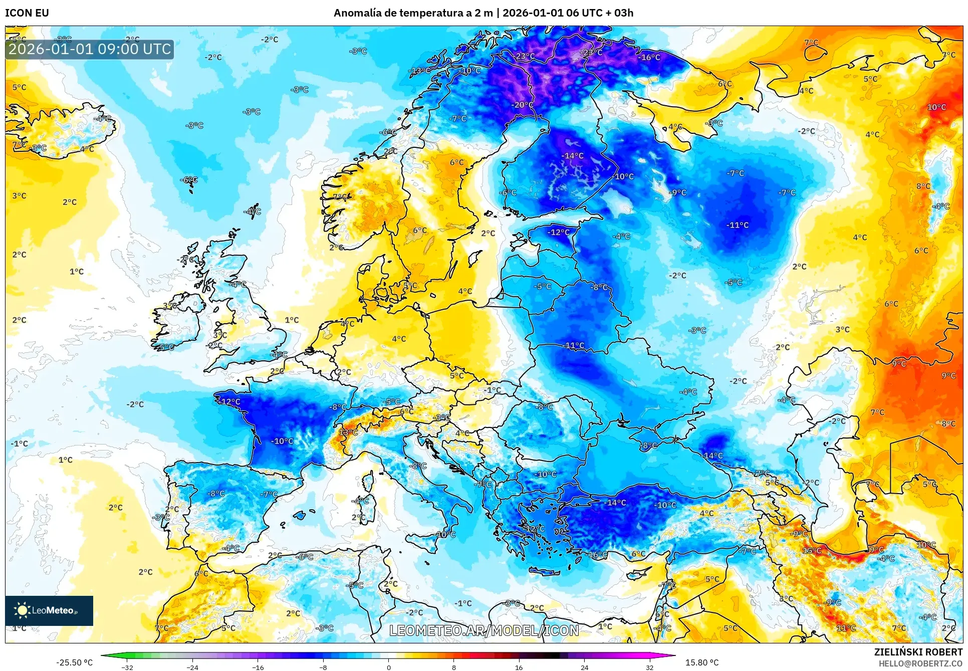 ICON model - Europa, Anomalía de temperatura a 2 m