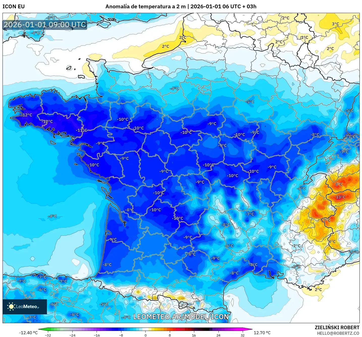 ICON model - Francia, Anomalía de temperatura a 2 m