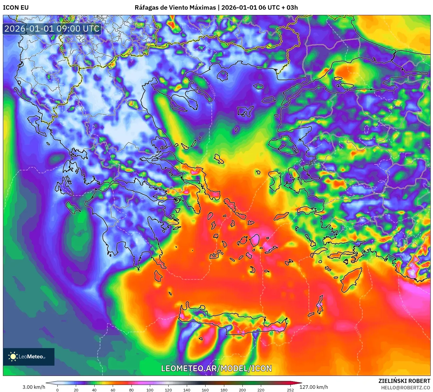 ICON model - Grecia, Ráfagas de Viento Máximas