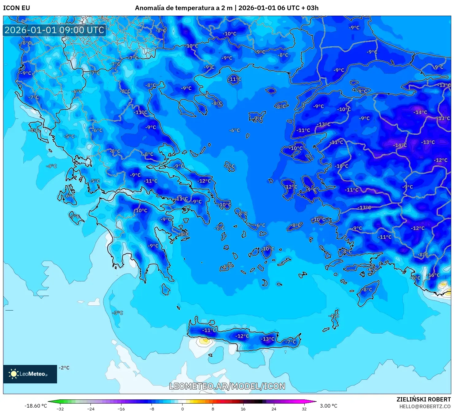 ICON model - Grecia, Anomalía de temperatura a 2 m
