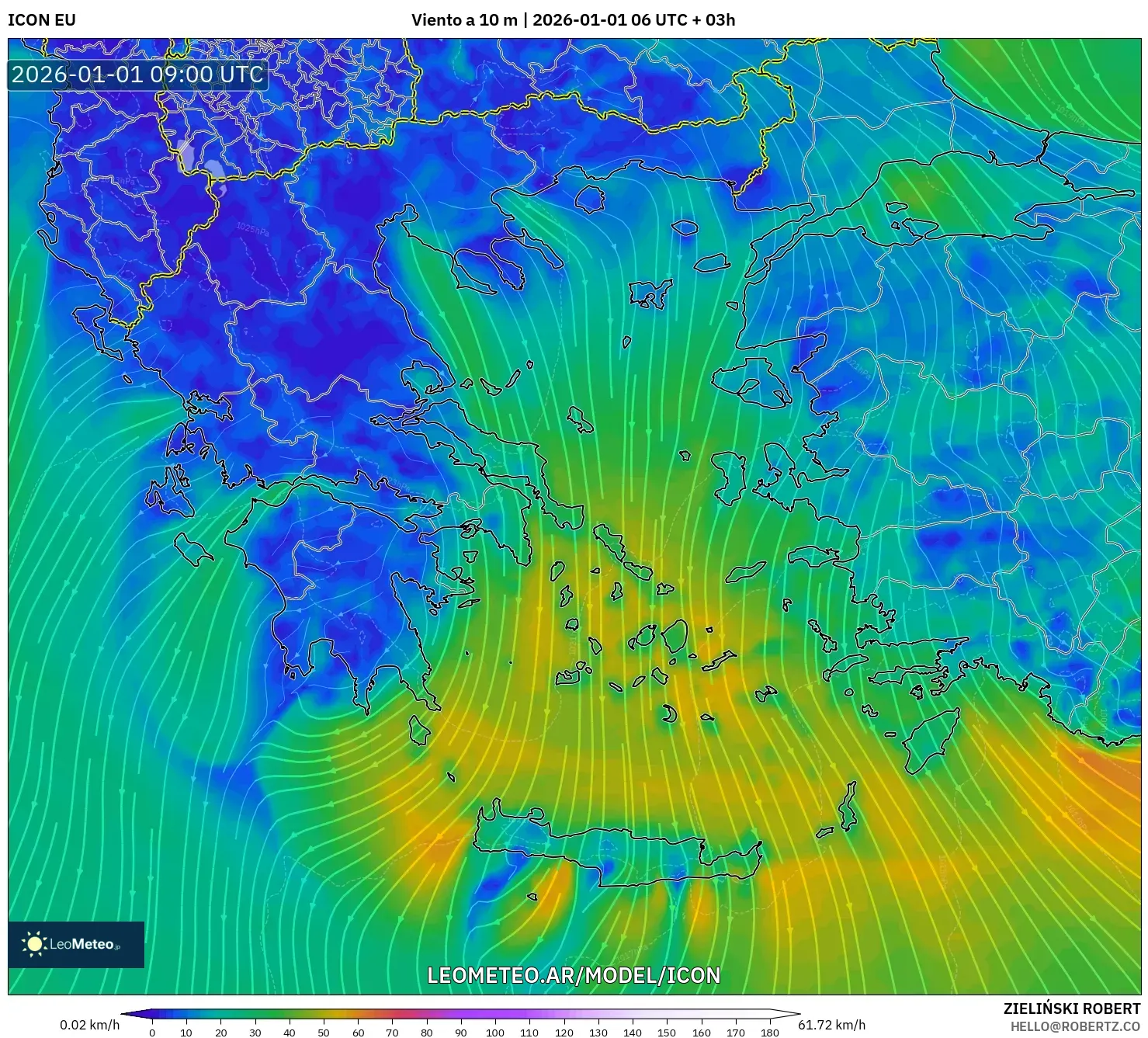 ICON model - Grecia, Viento a 10 m