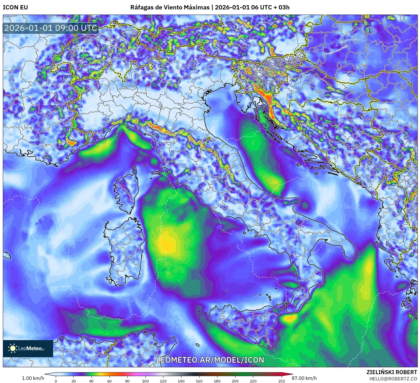 ICON model - Italia, Ráfagas de Viento Máximas